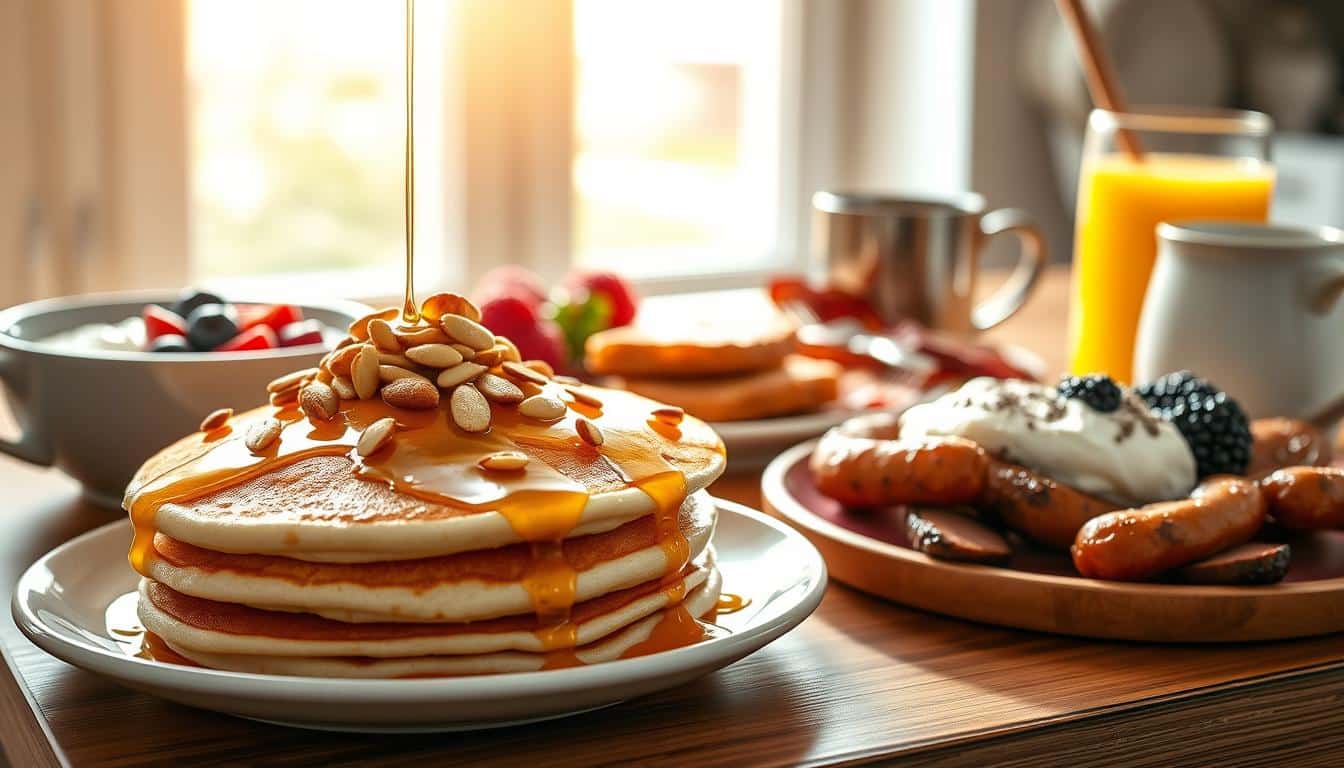 A beautifully lit, wide-angle photograph of a sumptuous breakfast spread featuring a variety of high-protein foods. In the foreground, a stack of fluffy pancakes drizzled with honey and sprinkled with toasted almonds. Beside it, a bowl of Greek yogurt topped with fresh berries and a sprinkle of chia seeds. In the middle ground, a plate of crispy bacon and savory turkey sausages. In the background, a glass of freshly squeezed orange juice and a steaming mug of coffee. The scene is bathed in warm, natural light filtering through a window, creating a cozy, inviting atmosphere. The focus is sharp, the colors vibrant, and the overall composition is balanced and visually appealing. A beautifully lit, wide-angle photograph of a sumptuous breakfast spread featuring a variety of high-protein foods. In the foreground, a stack of fluffy pancakes drizzled with honey and sprinkled with toasted almonds. Beside it, a bowl of Greek yogurt topped with fresh berries and a sprinkle of chia seeds. In the middle ground, a plate of crispy bacon and savory turkey sausages. In the background, a glass of freshly squeezed orange juice and a steaming mug of coffee. The scene is bathed in warm, natural light filtering through a window, creating a cozy, inviting atmosphere. The focus is sharp, the colors vibrant, and the overall composition is balanced and visually appealing.