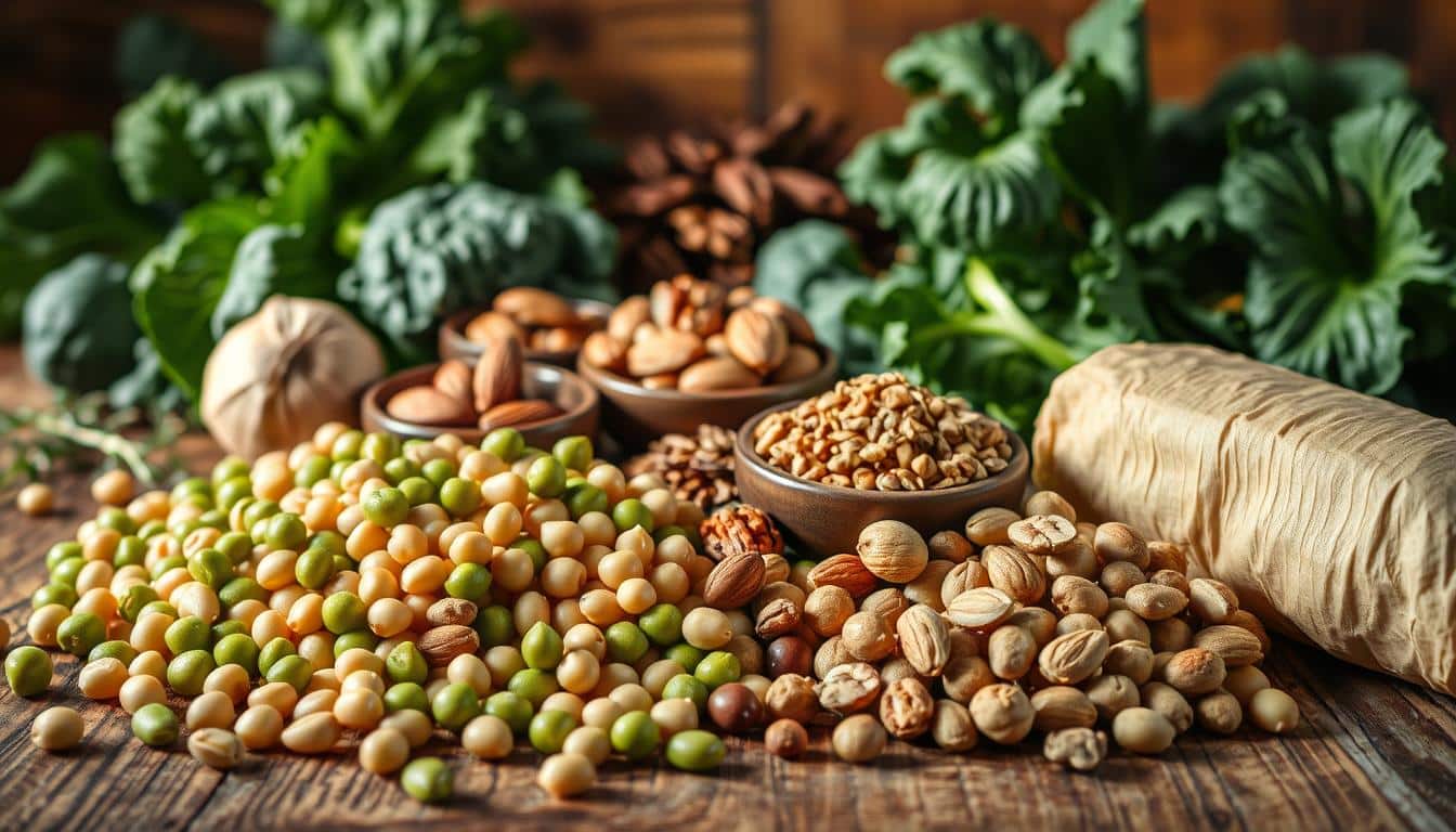 A bountiful still life composition showcasing an array of plant-based protein sources. In the foreground, meticulously rendered legumes such as lentils, chickpeas, and edamame spill across a rustic wooden surface, their colors and textures captured in vivid detail. In the middle ground, an assortment of nuts and seeds, including almonds, walnuts, and chia, are arranged in small bowls, their shapes and sheen exquisitely depicted. In the background, a variety of leafy greens, such as kale and spinach, provide a lush, verdant backdrop, bathed in warm, natural lighting that casts gentle shadows and highlights the nutrient-rich produce. The overall scene conveys a sense of abundance, health, and the wealth of plant-based protein options available to those following a vegetarian or vegan lifestyle. A bountiful still life composition showcasing an array of plant-based protein sources. In the foreground, meticulously rendered legumes such as lentils, chickpeas, and edamame spill across a rustic wooden surface, their colors and textures captured in vivid detail. In the middle ground, an assortment of nuts and seeds, including almonds, walnuts, and chia, are arranged in small bowls, their shapes and sheen exquisitely depicted. In the background, a variety of leafy greens, such as kale and spinach, provide a lush, verdant backdrop, bathed in warm, natural lighting that casts gentle shadows and highlights the nutrient-rich produce. The overall scene conveys a sense of abundance, health, and the wealth of plant-based protein options available to those following a vegetarian or vegan lifestyle.