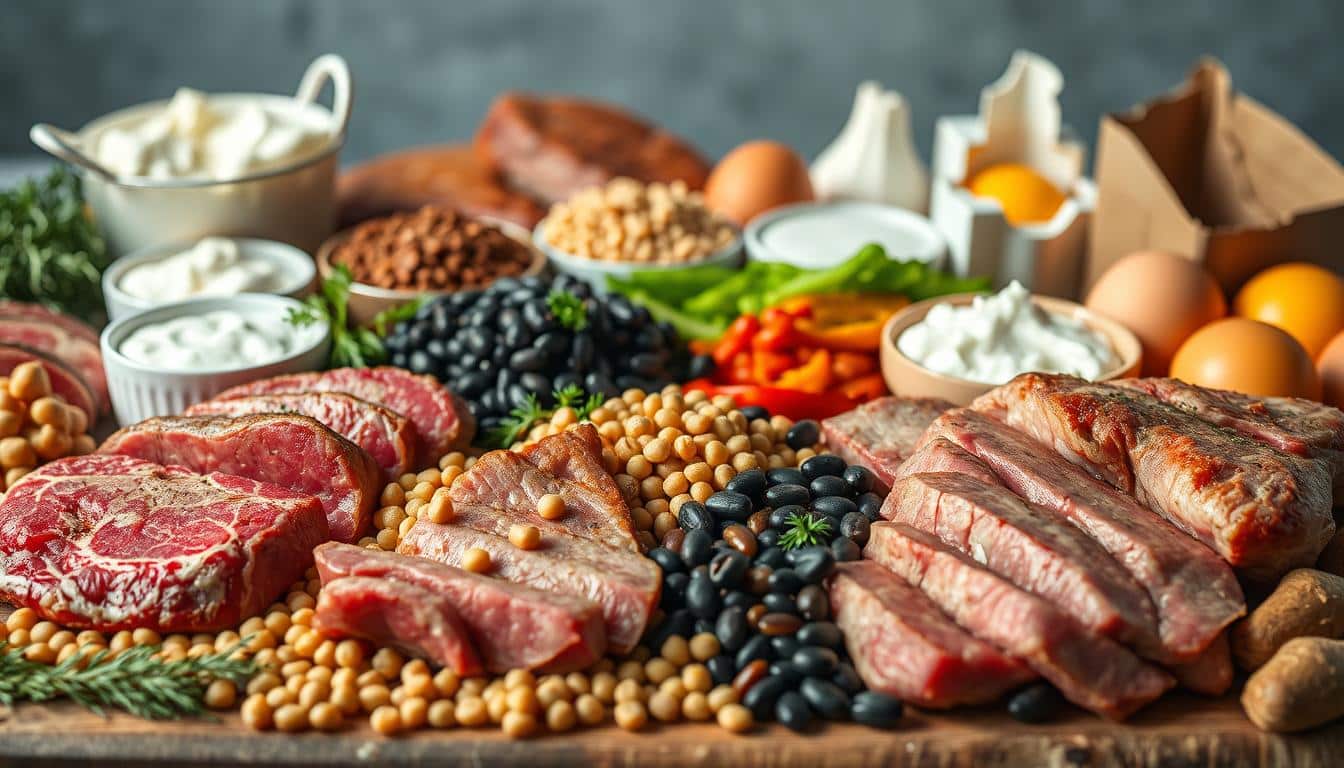 A bountiful still life showcasing an array of real food protein sources. In the foreground, a selection of lean meats including juicy steak, succulent chicken, and tender pork, arranged with care. In the middle ground, an assortment of hearty legumes like lentils, chickpeas, and black beans, their rich colors and textures on full display. In the background, a variety of nutrient-dense dairy products such as Greek yogurt, cottage cheese, and eggs, their yolks gleaming under the soft, natural lighting. The scene is captured with a high-resolution camera, using a shallow depth of field to draw the viewer's eye to the vibrant, whole food protein sources. The overall mood is one of abundance, quality, and the nourishing power of real, unprocessed ingredients. A bountiful still life showcasing an array of real food protein sources. In the foreground, a selection of lean meats including juicy steak, succulent chicken, and tender pork, arranged with care. In the middle ground, an assortment of hearty legumes like lentils, chickpeas, and black beans, their rich colors and textures on full display. In the background, a variety of nutrient-dense dairy products such as Greek yogurt, cottage cheese, and eggs, their yolks gleaming under the soft, natural lighting. The scene is captured with a high-resolution camera, using a shallow depth of field to draw the viewer's eye to the vibrant, whole food protein sources. The overall mood is one of abundance, quality, and the nourishing power of real, unprocessed ingredients.
