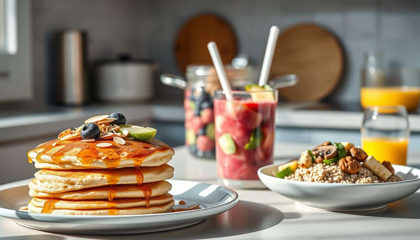 A bright, airy kitchen counter showcasing an array of high-protein breakfast options without eggs. In the foreground, a stack of fluffy pancakes made with protein-rich ingredients like Greek yogurt and cottage cheese, drizzled with honey and sprinkled with sliced almonds. Beside them, a smoothie bowl brimming with blended berries, spinach, and plant-based protein powder, topped with sliced kiwi and shredded coconut. In the middle ground, a plate of savory oatmeal loaded with sautéed mushrooms, diced avocado, and crumbled tofu. In the background, a pot of simmering steel-cut oats and a glass of freshly squeezed orange juice, all bathed in soft, natural lighting. A bright, airy kitchen counter showcasing an array of high-protein breakfast options without eggs. In the foreground, a stack of fluffy pancakes made with protein-rich ingredients like Greek yogurt and cottage cheese, drizzled with honey and sprinkled with sliced almonds. Beside them, a smoothie bowl brimming with blended berries, spinach, and plant-based protein powder, topped with sliced kiwi and shredded coconut. In the middle ground, a plate of savory oatmeal loaded with sautéed mushrooms, diced avocado, and crumbled tofu. In the background, a pot of simmering steel-cut oats and a glass of freshly squeezed orange juice, all bathed in soft, natural lighting.