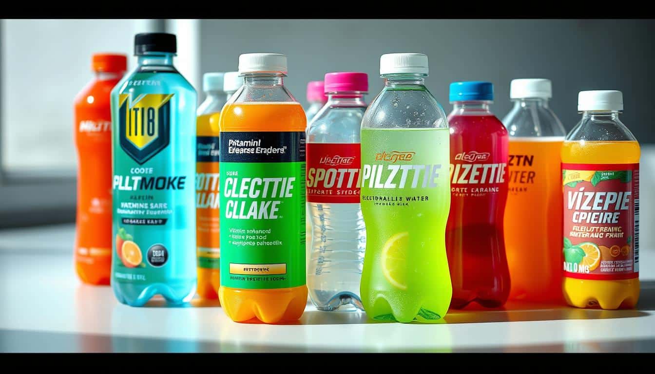 A close-up, detailed photo of various electrolyte-infused sports hydration products, including brightly colored sports drinks, vitamin-enhanced waters, and electrolyte-rich powdered mixes. The products are arranged neatly on a clean, white surface, with a crisp, natural lighting source illuminating the scene. The camera is positioned at a slight angle, capturing the vibrant colors and sleek packaging designs of the items. The overall tone is one of health, vitality, and an active, athletic lifestyle. A close-up, detailed photo of various electrolyte-infused sports hydration products, including brightly colored sports drinks, vitamin-enhanced waters, and electrolyte-rich powdered mixes. The products are arranged neatly on a clean, white surface, with a crisp, natural lighting source illuminating the scene. The camera is positioned at a slight angle, capturing the vibrant colors and sleek packaging designs of the items. The overall tone is one of health, vitality, and an active, athletic lifestyle.