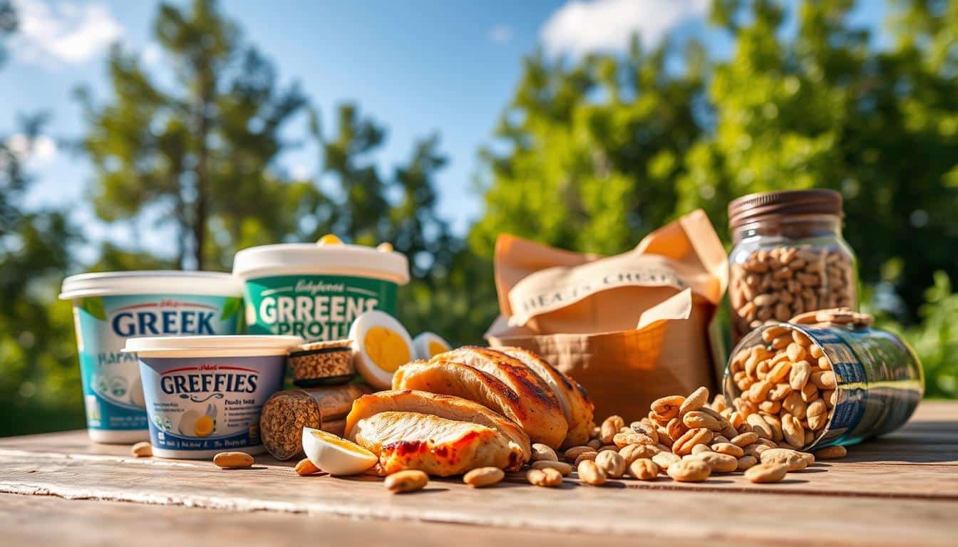 A close-up, high-resolution image of an assortment of high-protein outdoor snacks and meals, including grilled chicken breast, hard-boiled eggs, Greek yogurt, granola bars, and mixed nuts. The items are arranged neatly on a wooden picnic table against a backdrop of lush, green foliage and a clear blue sky. The lighting is natural and diffused, creating a warm, inviting atmosphere. The focus is sharp, and the depth of field is shallow, drawing the viewer's attention to the delicious, nutrient-dense food. The overall scene conveys the importance of proper nutrition for fueling outdoor activities and adventures. A close-up, high-resolution image of an assortment of high-protein outdoor snacks and meals, including grilled chicken breast, hard-boiled eggs, Greek yogurt, granola bars, and mixed nuts. The items are arranged neatly on a wooden picnic table against a backdrop of lush, green foliage and a clear blue sky. The lighting is natural and diffused, creating a warm, inviting atmosphere. The focus is sharp, and the depth of field is shallow, drawing the viewer's attention to the delicious, nutrient-dense food. The overall scene conveys the importance of proper nutrition for fueling outdoor activities and adventures.