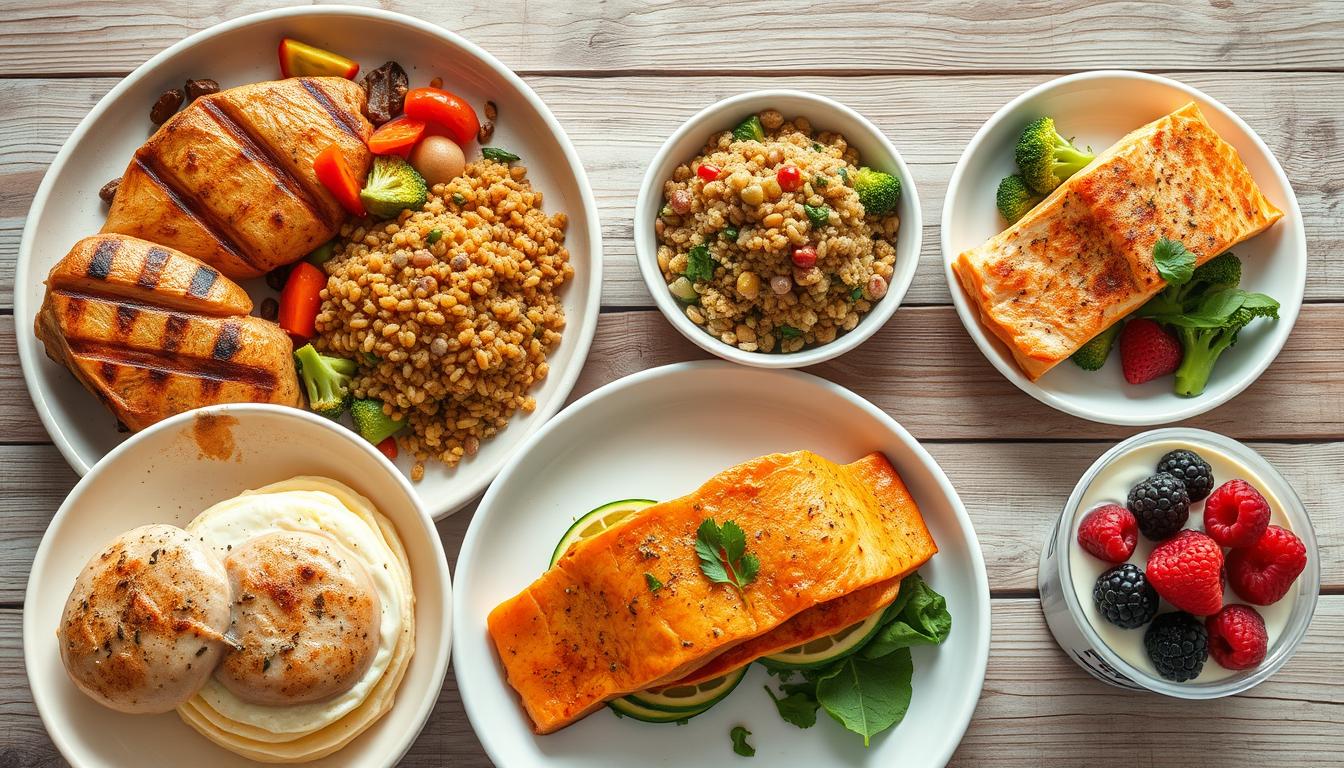 A close-up, high-resolution photograph of five simple, high-protein meals arranged on a rustic wooden table. The dishes include a grilled chicken breast with roasted vegetables, a bowl of lentil and quinoa salad, a plate of baked salmon with steamed broccoli, a stack of egg white omelets with spinach, and a cup of Greek yogurt with berries. The meals are presented in a clean, minimalist style, with natural lighting highlighting the vibrant colors and textures of the fresh, high-quality ingredients. The image conveys a sense of healthy, nourishing sustenance that is both easy to prepare and visually appealing. A close-up, high-resolution photograph of five simple, high-protein meals arranged on a rustic wooden table. The dishes include a grilled chicken breast with roasted vegetables, a bowl of lentil and quinoa salad, a plate of baked salmon with steamed broccoli, a stack of egg white omelets with spinach, and a cup of Greek yogurt with berries. The meals are presented in a clean, minimalist style, with natural lighting highlighting the vibrant colors and textures of the fresh, high-quality ingredients. The image conveys a sense of healthy, nourishing sustenance that is both easy to prepare and visually appealing.