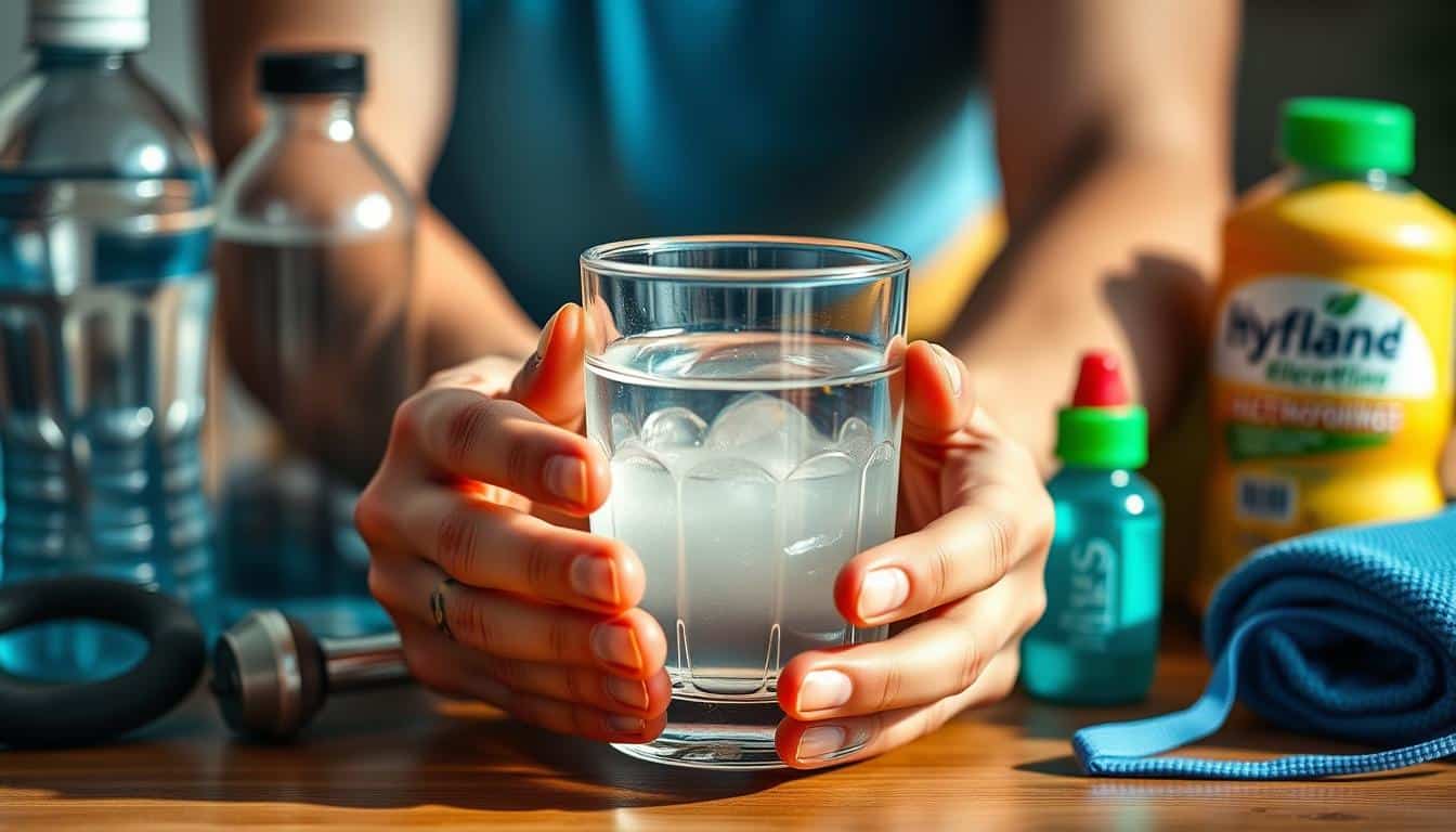 A close-up photograph of a person's hands holding a glass of clear liquid, surrounded by various sports equipment and hydration products. The image is shot in a warm, natural lighting with a shallow depth of field, emphasizing the glass and the hands. The background is blurred but suggests a fitness or exercise setting, with items like a water bottle, an electrolyte drink, and a towel visible. The composition draws the viewer's attention to the glass, conveying the importance of proper hydration during physical activity. A close-up photograph of a person's hands holding a glass of clear liquid, surrounded by various sports equipment and hydration products. The image is shot in a warm, natural lighting with a shallow depth of field, emphasizing the glass and the hands. The background is blurred but suggests a fitness or exercise setting, with items like a water bottle, an electrolyte drink, and a towel visible. The composition draws the viewer's attention to the glass, conveying the importance of proper hydration during physical activity.