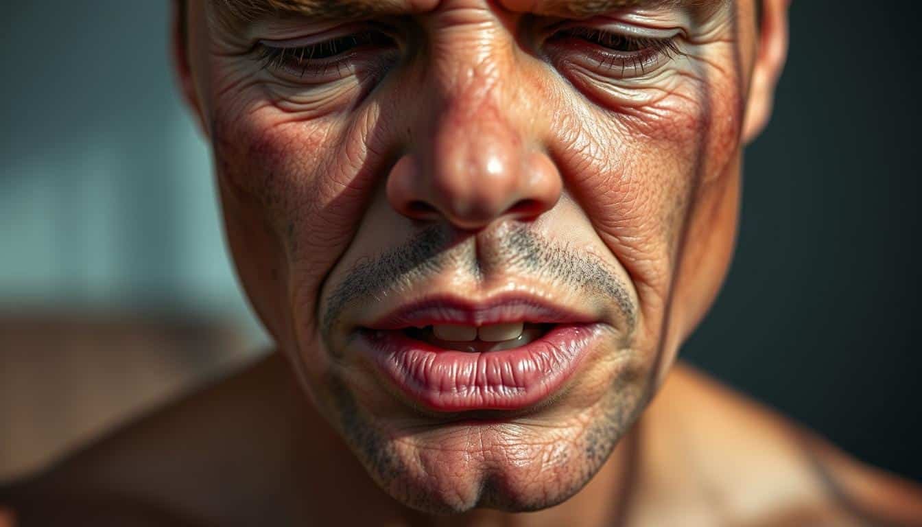 A close-up shot of a person's face and upper body, displaying visible signs of dehydration. The skin appears dry, cracked, and slightly discolored, with sunken eyes and sunken cheeks. The individual's lips are chapped and cracked, and their tongue appears slightly swollen. The lighting is soft and diffused, casting gentle shadows that accentuate the dehydration features. The background is blurred, keeping the focus on the subject's face and upper body. The overall mood is one of discomfort and concern, conveying the need for prompt hydration. A close-up shot of a person's face and upper body, displaying visible signs of dehydration. The skin appears dry, cracked, and slightly discolored, with sunken eyes and sunken cheeks. The individual's lips are chapped and cracked, and their tongue appears slightly swollen. The lighting is soft and diffused, casting gentle shadows that accentuate the dehydration features. The background is blurred, keeping the focus on the subject's face and upper body. The overall mood is one of discomfort and concern, conveying the need for prompt hydration.