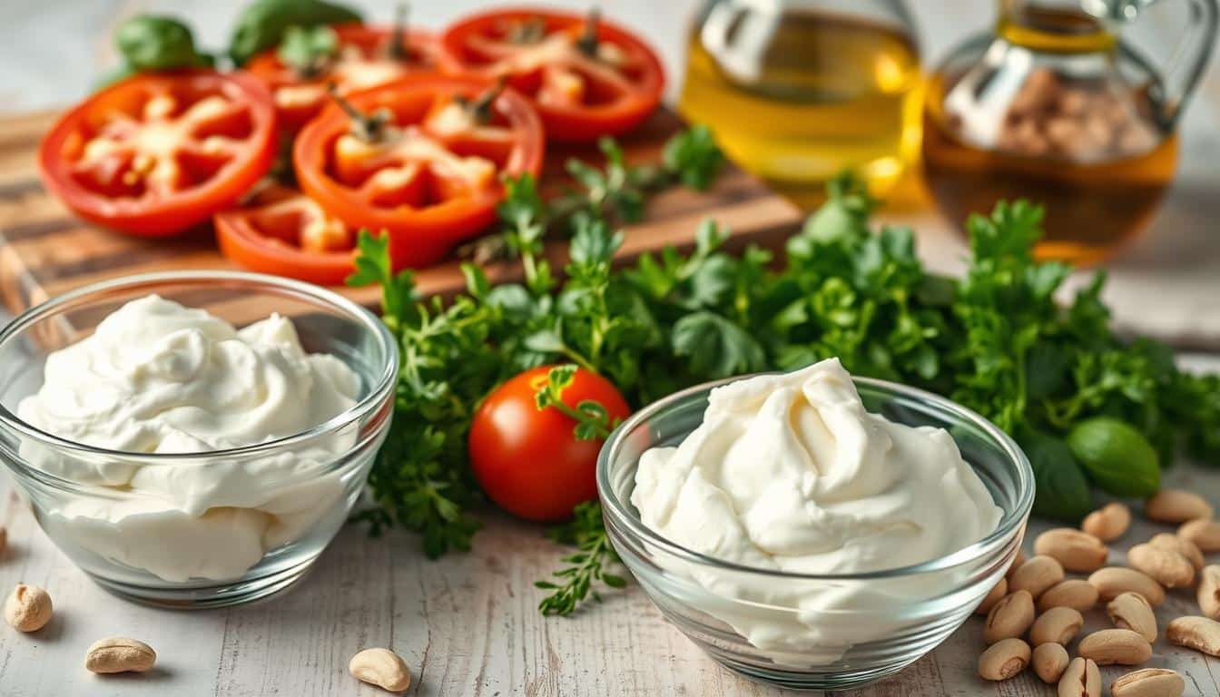 A crisp, well-lit still life showcasing the essential ingredients for a creamy, protein-rich cottage cheese pasta. In the foreground, a glass bowl filled with smooth, creamy cottage cheese, its soft, pillowy texture captured in vivid detail. Surrounding it, an array of fresh, vibrant herbs - fragrant basil, earthy thyme, and vibrant parsley - artfully arranged to suggest a rustic, homemade feel. In the middle ground, a wooden board displays sliced tomatoes, their juicy flesh and supple skins glistening under the warm, natural lighting. In the background, a glass jar of high-quality olive oil and a scattering of toasted pine nuts add depth and texture to the composition. The overall scene exudes a sense of simplicity, quality, and health, perfectly reflecting the "Essential Ingredients for Protein-Packed Pasta" theme. A crisp, well-lit still life showcasing the essential ingredients for a creamy, protein-rich cottage cheese pasta. In the foreground, a glass bowl filled with smooth, creamy cottage cheese, its soft, pillowy texture captured in vivid detail. Surrounding it, an array of fresh, vibrant herbs - fragrant basil, earthy thyme, and vibrant parsley - artfully arranged to suggest a rustic, homemade feel. In the middle ground, a wooden board displays sliced tomatoes, their juicy flesh and supple skins glistening under the warm, natural lighting. In the background, a glass jar of high-quality olive oil and a scattering of toasted pine nuts add depth and texture to the composition. The overall scene exudes a sense of simplicity, quality, and health, perfectly reflecting the "Essential Ingredients for Protein-Packed Pasta" theme.