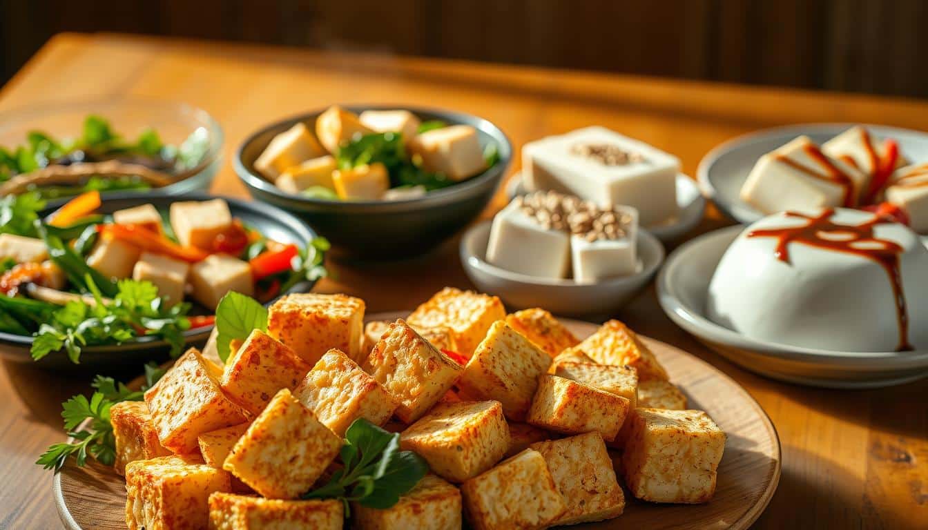 A delectable assortment of tofu dishes arranged on a wooden table, illuminated by warm, natural lighting that casts a soft, inviting glow. In the foreground, a platter of crisp, golden-brown fried tofu cubes, their surfaces lightly textured and glistening. Surrounding them, a variety of colorful vegetables and aromatic herbs, meticulously prepared to complement the tofu's subtle flavor. In the middle ground, a bowl of fragrant, steaming tofu stir-fry, the firm tofu cubes nestled among vibrant greens and a savory sauce. In the background, a plate of delicate, silky-smooth tofu pudding, topped with a drizzle of rich, dark soy sauce and a sprinkle of toasted sesame seeds. The overall scene exudes an air of culinary mastery, inviting the viewer to savor the diverse and nourishing delights of these expertly crafted tofu dishes. A delectable assortment of tofu dishes arranged on a wooden table, illuminated by warm, natural lighting that casts a soft, inviting glow. In the foreground, a platter of crisp, golden-brown fried tofu cubes, their surfaces lightly textured and glistening. Surrounding them, a variety of colorful vegetables and aromatic herbs, meticulously prepared to complement the tofu's subtle flavor. In the middle ground, a bowl of fragrant, steaming tofu stir-fry, the firm tofu cubes nestled among vibrant greens and a savory sauce. In the background, a plate of delicate, silky-smooth tofu pudding, topped with a drizzle of rich, dark soy sauce and a sprinkle of toasted sesame seeds. The overall scene exudes an air of culinary mastery, inviting the viewer to savor the diverse and nourishing delights of these expertly crafted tofu dishes.