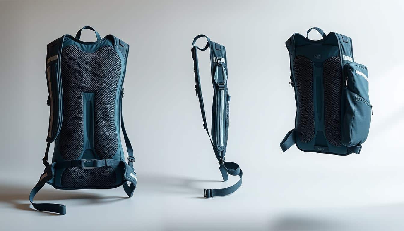 A detailed, high-resolution photograph of a hydration pack displayed on a plain, neutral-colored background. The pack is shown from multiple angles, highlighting its key design features: a contoured, ventilated back panel, adjustable sternum and waist straps, multiple pockets and compartments for storage, a large reservoir with a long hose and bite valve, and reflective trim for visibility. The pack is made of durable, high-quality materials with a sleek, modern aesthetic. Subtle, natural lighting from the side creates depth and dimension, emphasizing the pack's textures and materials. The overall image conveys the hydration pack's functionality, comfort, and suitability for endurance athletes. A detailed, high-resolution photograph of a hydration pack displayed on a plain, neutral-colored background. The pack is shown from multiple angles, highlighting its key design features: a contoured, ventilated back panel, adjustable sternum and waist straps, multiple pockets and compartments for storage, a large reservoir with a long hose and bite valve, and reflective trim for visibility. The pack is made of durable, high-quality materials with a sleek, modern aesthetic. Subtle, natural lighting from the side creates depth and dimension, emphasizing the pack's textures and materials. The overall image conveys the hydration pack's functionality, comfort, and suitability for endurance athletes.