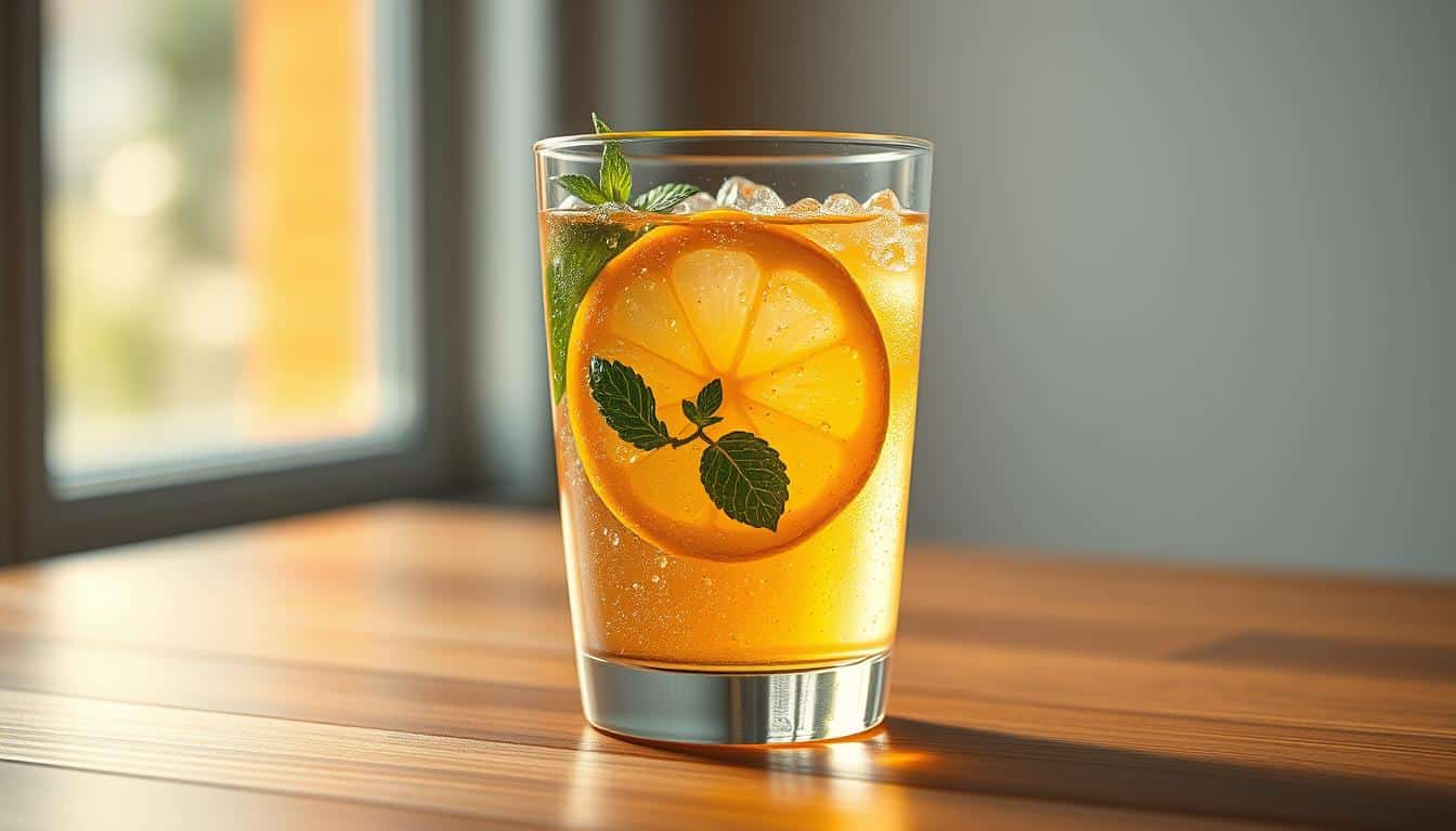 A glass filled with a sparkling, translucent liquid, garnished with a slice of fresh lemon and a sprig of mint, resting on a wooden table. The drink's vibrant hue and effervescent bubbles suggest a refreshing, natural electrolyte-infused beverage, perfect for rehydrating after an active day. Soft, warm lighting from the side creates a cozy, inviting atmosphere, while the close-up angle emphasizes the drink's alluring qualities. The composition is balanced, with the glass positioned in the center, allowing the viewer to focus on the captivating, thirst-quenching liquid. A glass filled with a sparkling, translucent liquid, garnished with a slice of fresh lemon and a sprig of mint, resting on a wooden table. The drink's vibrant hue and effervescent bubbles suggest a refreshing, natural electrolyte-infused beverage, perfect for rehydrating after an active day. Soft, warm lighting from the side creates a cozy, inviting atmosphere, while the close-up angle emphasizes the drink's alluring qualities. The composition is balanced, with the glass positioned in the center, allowing the viewer to focus on the captivating, thirst-quenching liquid.