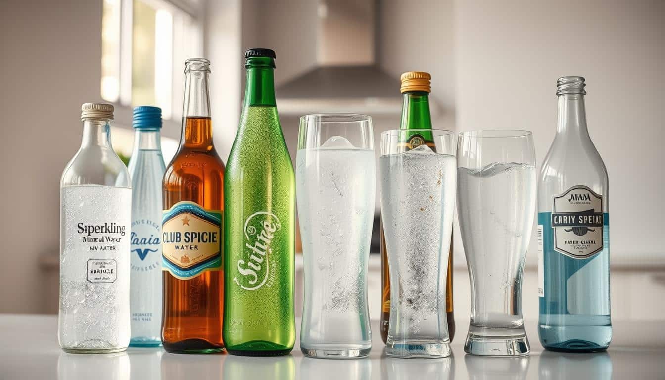 A glass vessel filled with various types of carbonated water, including sparkling mineral water, club soda, and carbonated spring water. The bottles and glasses are positioned in the foreground, allowing the viewer to clearly see their distinct shapes, labels, and bubbling carbonation. The middle ground features a clean, well-lit kitchen countertop or table, while the background showcases a simple, uncluttered setting with natural lighting filtering in from a window. The overall composition emphasizes the clarity, effervescence, and variety of the carbonated water beverages, creating a visually appealing and informative image to accompany the article's discussion on sparkling water. A glass vessel filled with various types of carbonated water, including sparkling mineral water, club soda, and carbonated spring water. The bottles and glasses are positioned in the foreground, allowing the viewer to clearly see their distinct shapes, labels, and bubbling carbonation. The middle ground features a clean, well-lit kitchen countertop or table, while the background showcases a simple, uncluttered setting with natural lighting filtering in from a window. The overall composition emphasizes the clarity, effervescence, and variety of the carbonated water beverages, creating a visually appealing and informative image to accompany the article's discussion on sparkling water.