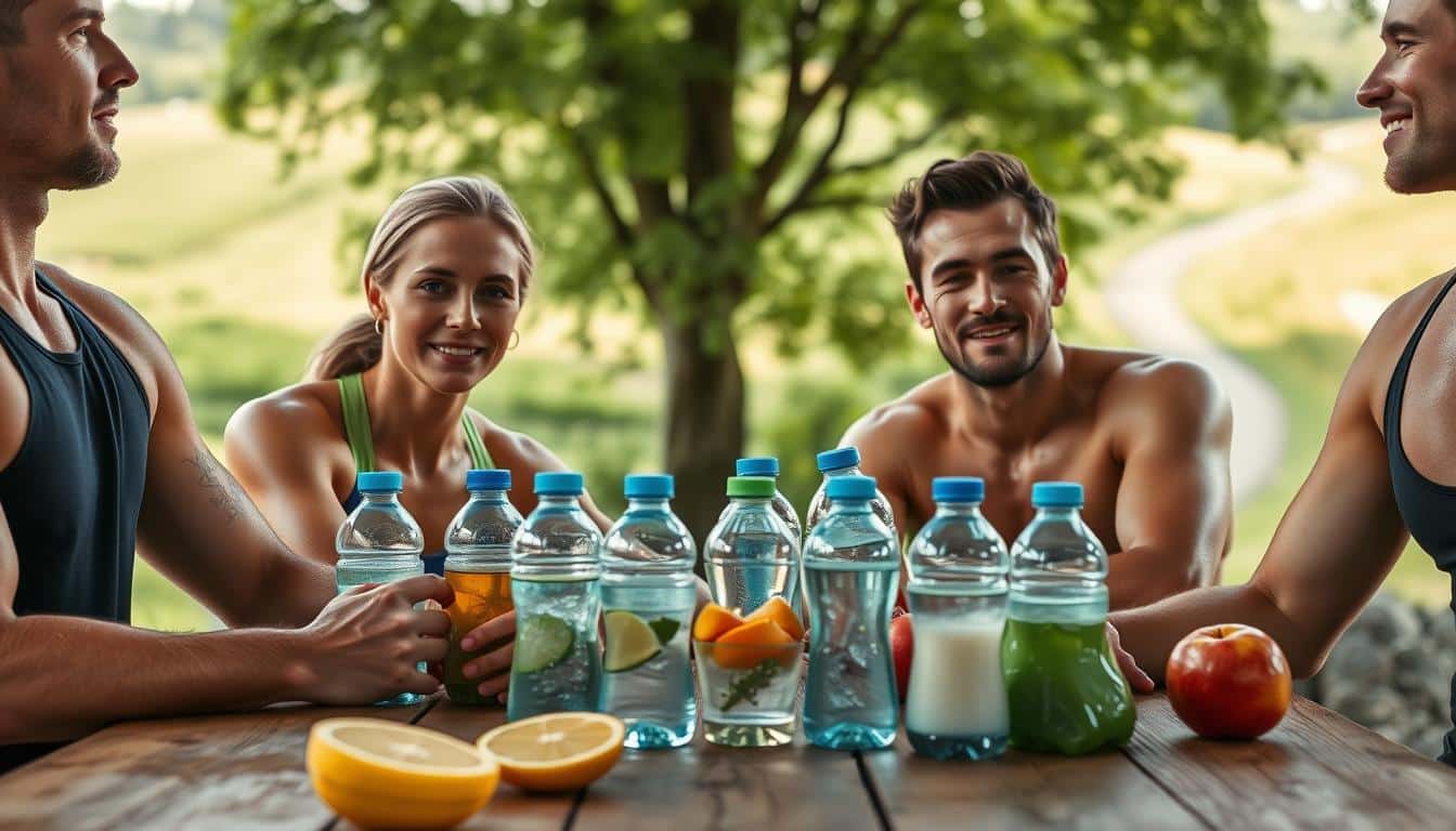 A group of hydrated athletes rehydrating after an intense workout, with water bottles, sports drinks, and fresh fruit on a wooden table in natural lighting. The athletes' faces and physiques are captured in high detail, conveying a sense of health, vitality, and the importance of proper hydration. The background features a lush, verdant landscape with a hint of a running trail, evoking the outdoor setting of their athletic pursuits. The overall scene radiates a balanced, refreshing, and rejuvenating atmosphere. A group of hydrated athletes rehydrating after an intense workout, with water bottles, sports drinks, and fresh fruit on a wooden table in natural lighting. The athletes' faces and physiques are captured in high detail, conveying a sense of health, vitality, and the importance of proper hydration. The background features a lush, verdant landscape with a hint of a running trail, evoking the outdoor setting of their athletic pursuits. The overall scene radiates a balanced, refreshing, and rejuvenating atmosphere.