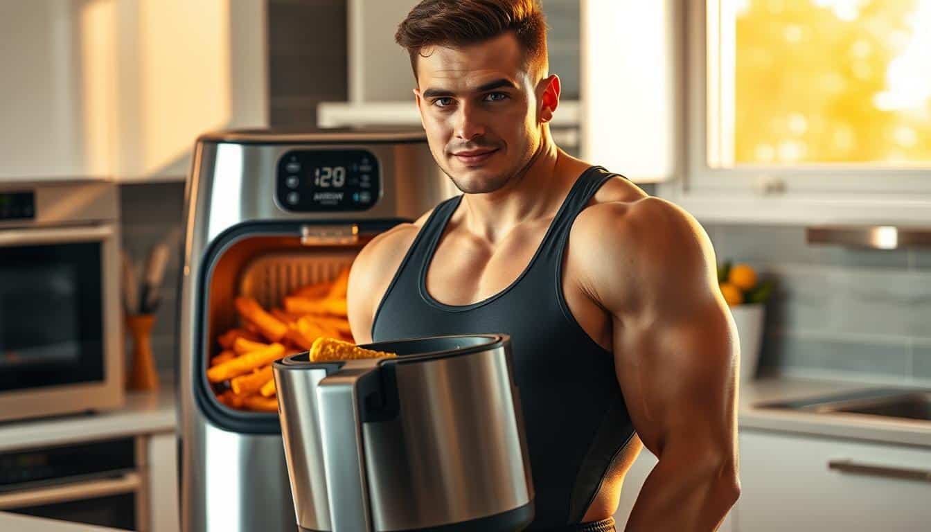 A high-energy athlete, clad in athletic gear, stands confidently before a gleaming air fryer, its stainless steel exterior catching the warm, natural light flooding the modern kitchen. Crisp, golden-brown protein-rich dishes emerge from the air fryer's capacious interior, hinting at the delectable, nutrient-dense meals it can effortlessly prepare. The athlete's expression exudes a sense of control and efficiency, reflecting the air fryer's ability to streamline healthy meal preparation for the busiest of schedules. Meticulously detailed surfaces, clean lines, and a subtly dynamic composition convey the air fryer's transformative power, elevating the athlete's performance through the convenience of its intuitive, time-saving design. A high-energy athlete, clad in athletic gear, stands confidently before a gleaming air fryer, its stainless steel exterior catching the warm, natural light flooding the modern kitchen. Crisp, golden-brown protein-rich dishes emerge from the air fryer's capacious interior, hinting at the delectable, nutrient-dense meals it can effortlessly prepare. The athlete's expression exudes a sense of control and efficiency, reflecting the air fryer's ability to streamline healthy meal preparation for the busiest of schedules. Meticulously detailed surfaces, clean lines, and a subtly dynamic composition convey the air fryer's transformative power, elevating the athlete's performance through the convenience of its intuitive, time-saving design.