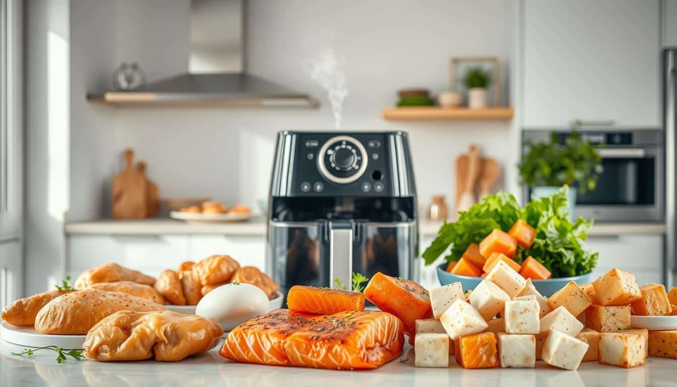 A high-quality, hyper-realistic image showcasing a variety of healthy, high-protein air fryer cooking tips. In the foreground, various air-fried protein-rich ingredients such as chicken breasts, salmon fillets, and tofu cubes are neatly arranged on a clean, modern kitchen counter. The middle ground features an open air fryer with steam escaping, highlighting the cooking process. In the background, a well-lit, airy kitchen setting with minimal, sleek decor provides an inviting atmosphere. The lighting is natural and diffused, creating soft shadows and highlights that emphasize the textures and colors of the food. The overall scene conveys a sense of efficiency, nutrition, and culinary expertise for busy, health-conscious individuals. A high-quality, hyper-realistic image showcasing a variety of healthy, high-protein air fryer cooking tips. In the foreground, various air-fried protein-rich ingredients such as chicken breasts, salmon fillets, and tofu cubes are neatly arranged on a clean, modern kitchen counter. The middle ground features an open air fryer with steam escaping, highlighting the cooking process. In the background, a well-lit, airy kitchen setting with minimal, sleek decor provides an inviting atmosphere. The lighting is natural and diffused, creating soft shadows and highlights that emphasize the textures and colors of the food. The overall scene conveys a sense of efficiency, nutrition, and culinary expertise for busy, health-conscious individuals.