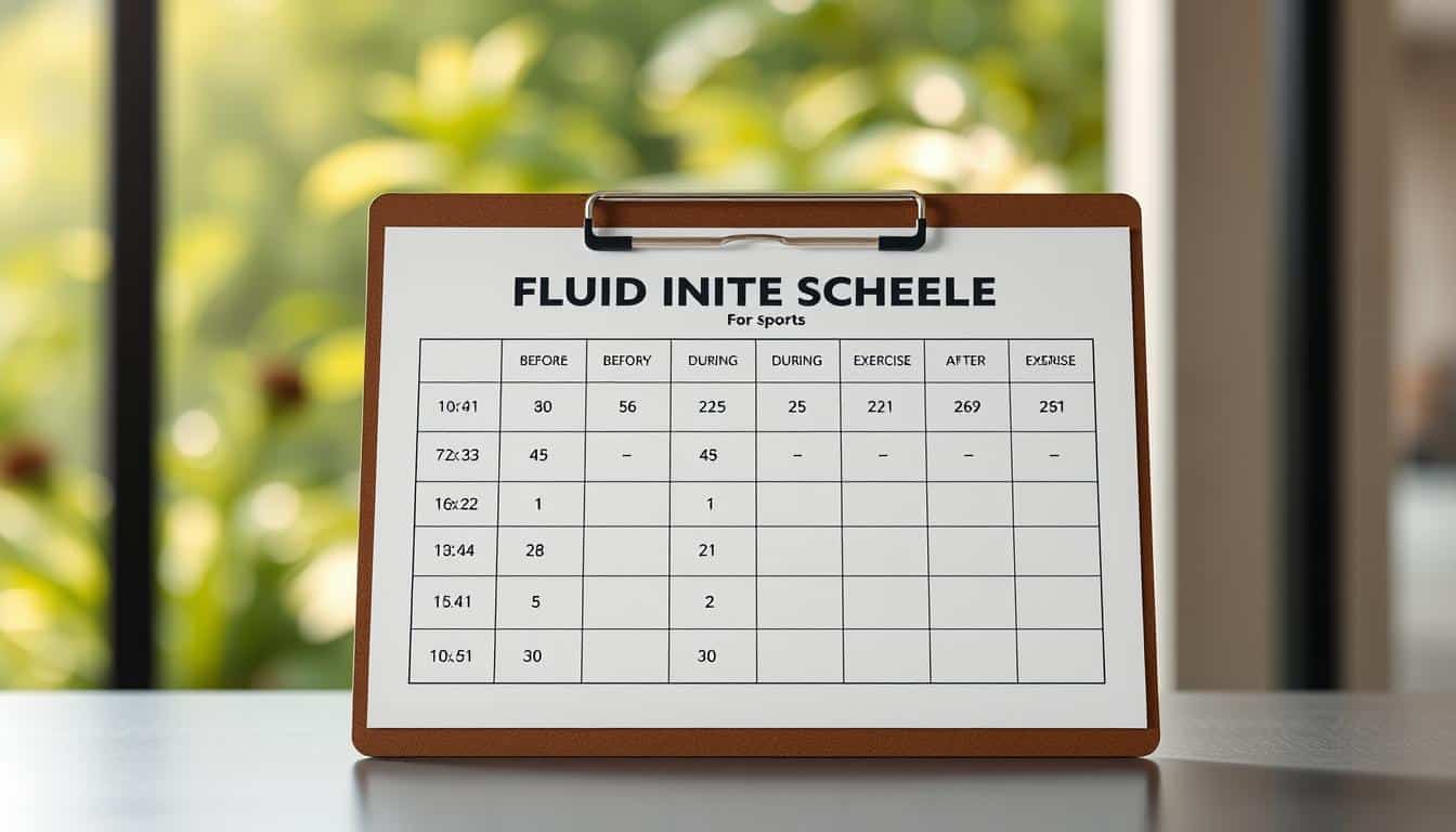 A hyper-realistic photo of a fluid intake schedule for sports, with a clean and minimalist layout. The schedule is presented on a sleek, modern clipboard against a soft, blurred background, showcasing a tranquil outdoor setting with lush greenery and gentle sunlight filtering through. The schedule's design features clear, easy-to-read typography and icons, highlighting the optimal fluid intake amounts before, during, and after exercise. The overall scene conveys a sense of professionalism, health, and a focus on athletic performance and well-being. A hyper-realistic photo of a fluid intake schedule for sports, with a clean and minimalist layout. The schedule is presented on a sleek, modern clipboard against a soft, blurred background, showcasing a tranquil outdoor setting with lush greenery and gentle sunlight filtering through. The schedule's design features clear, easy-to-read typography and icons, highlighting the optimal fluid intake amounts before, during, and after exercise. The overall scene conveys a sense of professionalism, health, and a focus on athletic performance and well-being.