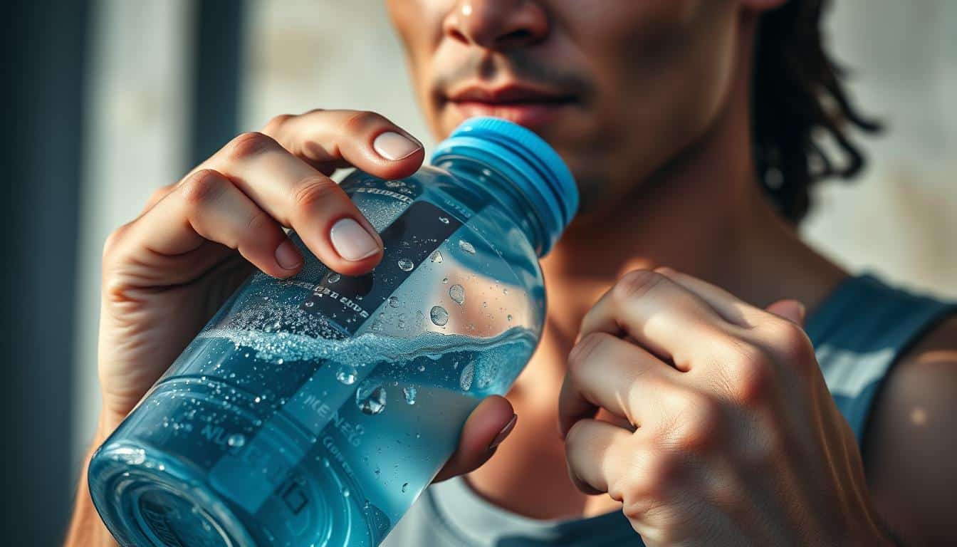 A hyper-realistic photo of an athlete carefully measuring their fluid intake during a hydration break. The scene depicts a close-up of the athlete's hands holding a sports water bottle, with droplets of water glistening on the surface. The athlete's face is partially visible, showing a focused expression as they monitor the volume of liquid consumed. The background is blurred, emphasizing the attention on the athlete's hydration adjustments. Soft, natural lighting casts subtle shadows, accentuating the textures and details of the scene. The overall mood is one of diligence and intentionality, capturing the importance of proper hydration for athletic performance. A hyper-realistic photo of an athlete carefully measuring their fluid intake during a hydration break. The scene depicts a close-up of the athlete's hands holding a sports water bottle, with droplets of water glistening on the surface. The athlete's face is partially visible, showing a focused expression as they monitor the volume of liquid consumed. The background is blurred, emphasizing the attention on the athlete's hydration adjustments. Soft, natural lighting casts subtle shadows, accentuating the textures and details of the scene. The overall mood is one of diligence and intentionality, capturing the importance of proper hydration for athletic performance.