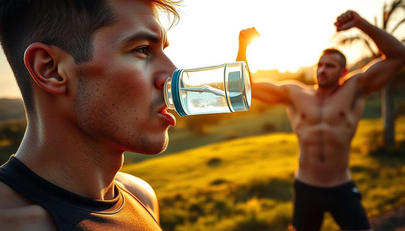 A hyper-realistic photograph showcasing the impact of hydration on athletic performance. In the foreground, an athlete taking a sip from a water bottle, their face reflecting the refreshment and rejuvenation. In the middle ground, the athlete performing a dynamic exercise, muscles sculpted and glistening with sweat. The background depicts a lush, verdant landscape, with the warm, golden hues of the sun casting a natural, ambient lighting. The scene conveys a sense of balance, power, and the vital importance of proper hydration for optimal athletic achievement. Captured with a high-quality, professional-grade camera, the image exhibits flawless proportions, lifelike details, and a naturalistic, immersive quality. A hyper-realistic photograph showcasing the impact of hydration on athletic performance. In the foreground, an athlete taking a sip from a water bottle, their face reflecting the refreshment and rejuvenation. In the middle ground, the athlete performing a dynamic exercise, muscles sculpted and glistening with sweat. The background depicts a lush, verdant landscape, with the warm, golden hues of the sun casting a natural, ambient lighting. The scene conveys a sense of balance, power, and the vital importance of proper hydration for optimal athletic achievement. Captured with a high-quality, professional-grade camera, the image exhibits flawless proportions, lifelike details, and a naturalistic, immersive quality.