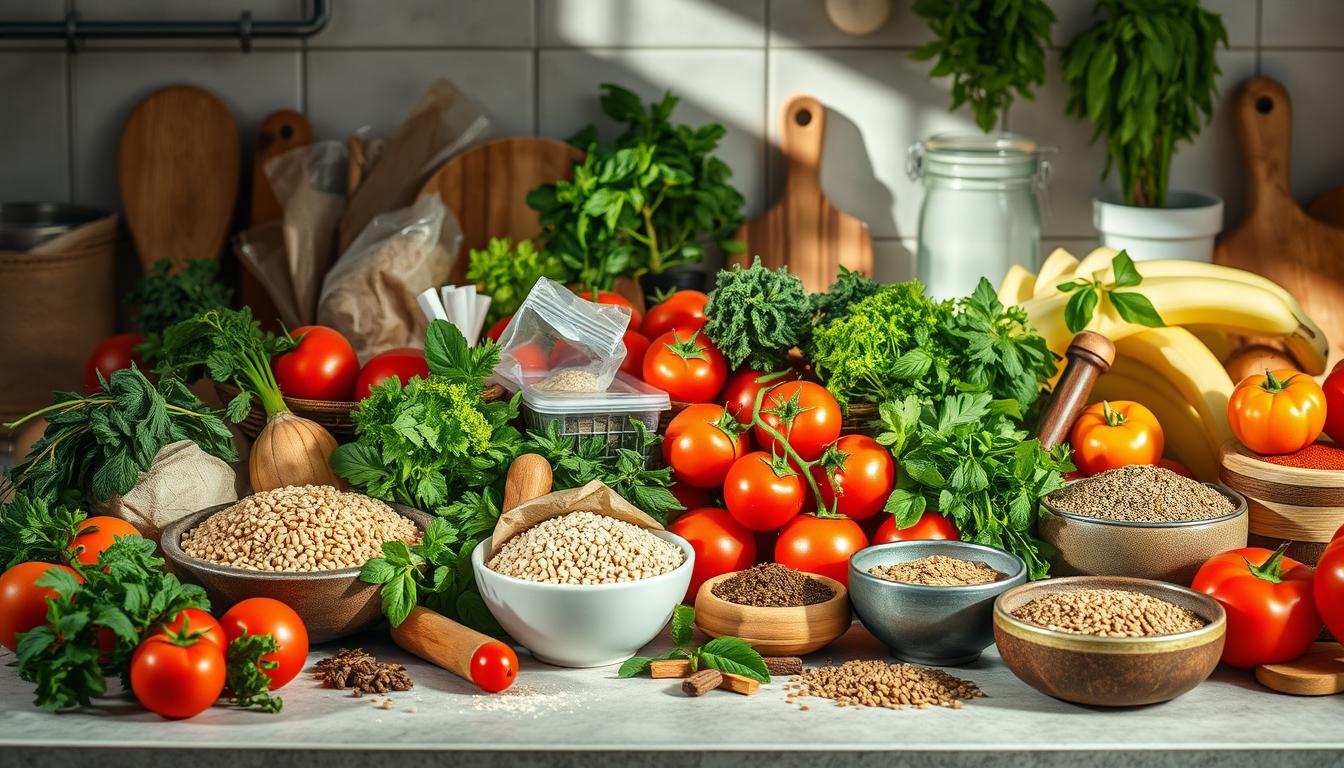 A meticulously styled kitchen countertop overflowing with a vibrant assortment of fresh produce, artisanal ingredients, and essential culinary tools. Ripe tomatoes, crisp herbs, hearty grains, and fragrant spices arranged in an inviting still life, bathed in soft, natural lighting that casts warm shadows and highlights the textures. The composition is balanced and visually compelling, inspiring the viewer to explore and experiment with these versatile, high-protein kitchen staples. The scene evokes a sense of culinary adventure and the promise of delicious, nutritious meals to come. A meticulously styled kitchen countertop overflowing with a vibrant assortment of fresh produce, artisanal ingredients, and essential culinary tools. Ripe tomatoes, crisp herbs, hearty grains, and fragrant spices arranged in an inviting still life, bathed in soft, natural lighting that casts warm shadows and highlights the textures. The composition is balanced and visually compelling, inspiring the viewer to explore and experiment with these versatile, high-protein kitchen staples. The scene evokes a sense of culinary adventure and the promise of delicious, nutritious meals to come.