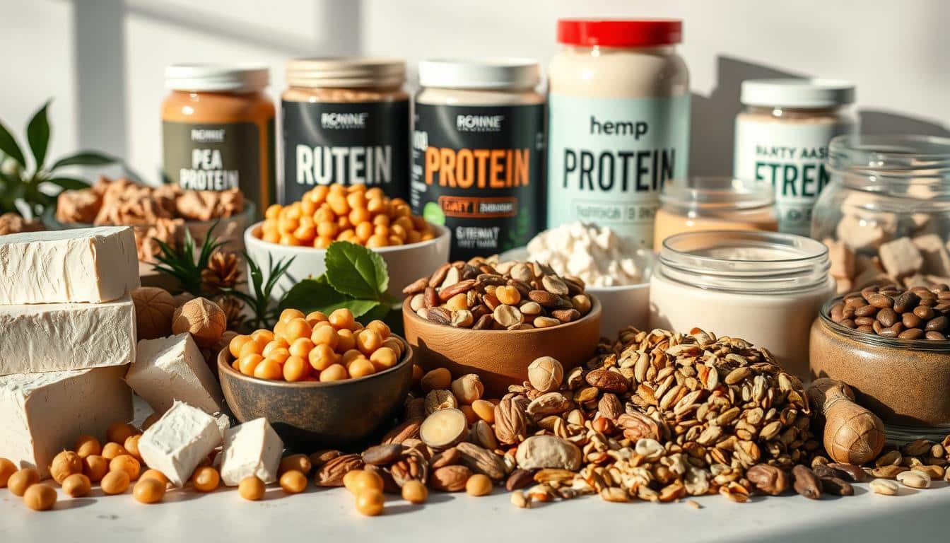 A modern, high-quality still life photograph showcasing a wide variety of non-dairy protein sources arranged in a visually appealing composition. In the foreground, there are blocks of tofu, tempeh cubes, and a bowl of chickpeas. In the middle ground, there are a scattering of roasted nuts, seeds, and dried legumes. In the background, there are various plant-based protein powders, such as pea, hemp, and soy, neatly displayed in glass jars. The lighting is natural and soft, casting warm shadows that accentuate the textures and colors of the ingredients. The overall mood is clean, healthy, and informative, inviting the viewer to explore these alternative protein options for an active lifestyle. A modern, high-quality still life photograph showcasing a wide variety of non-dairy protein sources arranged in a visually appealing composition. In the foreground, there are blocks of tofu, tempeh cubes, and a bowl of chickpeas. In the middle ground, there are a scattering of roasted nuts, seeds, and dried legumes. In the background, there are various plant-based protein powders, such as pea, hemp, and soy, neatly displayed in glass jars. The lighting is natural and soft, casting warm shadows that accentuate the textures and colors of the ingredients. The overall mood is clean, healthy, and informative, inviting the viewer to explore these alternative protein options for an active lifestyle.