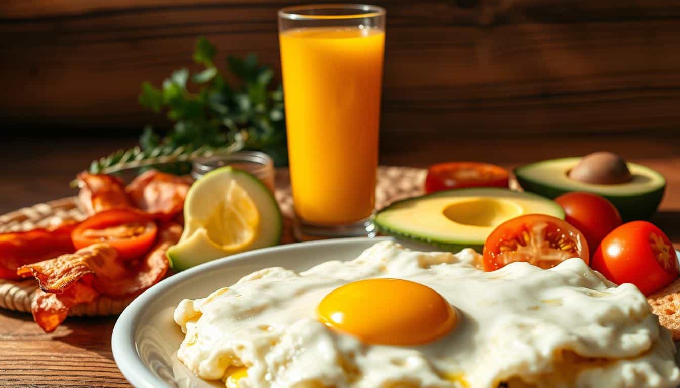 A mouth-watering spread of a high-protein breakfast, captured in a warm, natural light. In the foreground, a plate of fluffy scrambled eggs, accompanied by crisp bacon, juicy grilled tomatoes, and slices of avocado. In the middle, a tall glass of freshly squeezed orange juice, beads of condensation glistening on the surface. The background showcases a rustic wooden table, adorned with a woven placemat and a sprig of fresh herbs, creating a cozy, inviting atmosphere. The image conveys a sense of nourishment and fuel, perfect for fueling an athlete's morning. A mouth-watering spread of a high-protein breakfast, captured in a warm, natural light. In the foreground, a plate of fluffy scrambled eggs, accompanied by crisp bacon, juicy grilled tomatoes, and slices of avocado. In the middle, a tall glass of freshly squeezed orange juice, beads of condensation glistening on the surface. The background showcases a rustic wooden table, adorned with a woven placemat and a sprig of fresh herbs, creating a cozy, inviting atmosphere. The image conveys a sense of nourishment and fuel, perfect for fueling an athlete's morning.