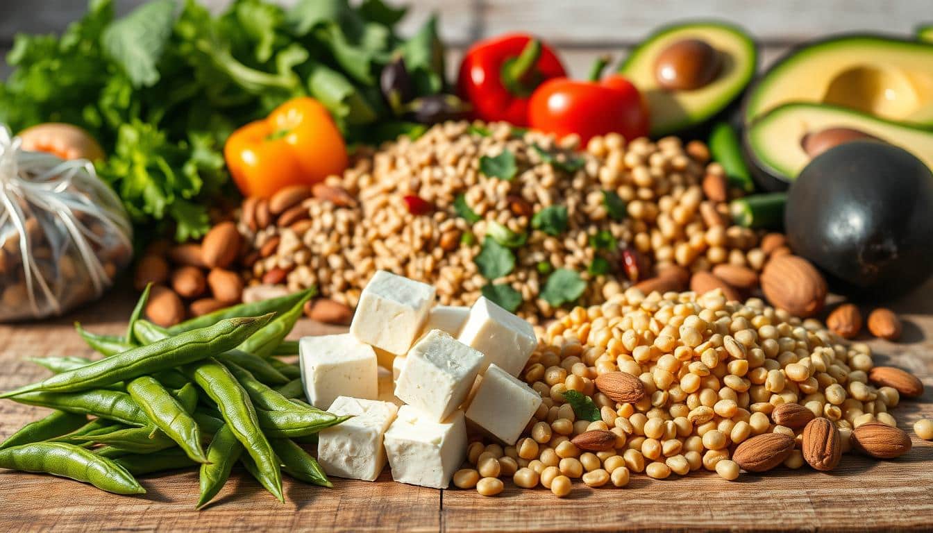 A pristine still life arrangement on a rustic wooden table, capturing an array of vibrant, high-protein vegetarian ingredients. In the foreground, freshly shelled edamame, glistening tofu cubes, and a pile of nutrient-dense lentils. In the middle ground, a vibrant mix of quinoa, chickpeas, and roasted almonds. In the background, a selection of leafy greens, colorful peppers, and ripe avocado slices. The lighting is soft and natural, casting warm shadows and highlighting the diverse textures and rich colors of the ingredients. The overall composition conveys a sense of balance, abundance, and the potential for a nourishing, protein-packed vegetarian meal. A pristine still life arrangement on a rustic wooden table, capturing an array of vibrant, high-protein vegetarian ingredients. In the foreground, freshly shelled edamame, glistening tofu cubes, and a pile of nutrient-dense lentils. In the middle ground, a vibrant mix of quinoa, chickpeas, and roasted almonds. In the background, a selection of leafy greens, colorful peppers, and ripe avocado slices. The lighting is soft and natural, casting warm shadows and highlighting the diverse textures and rich colors of the ingredients. The overall composition conveys a sense of balance, abundance, and the potential for a nourishing, protein-packed vegetarian meal.