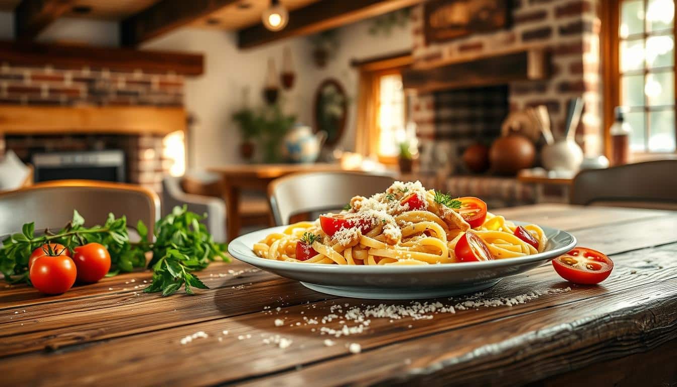 A rustic wooden table set with a steaming plate of cottage cheese pasta, surrounded by fresh herbs, sliced tomatoes, and a sprinkle of grated parmesan. The light filters in through a nearby window, casting a warm, golden glow across the scene. In the background, a cozy cottage interior with exposed beams and a brick fireplace adds to the inviting atmosphere. The image conveys a sense of homemade comfort and healthy, high-protein indulgence, perfect for the "Introduction: High Protein Pasta Recipes" section of the article. A rustic wooden table set with a steaming plate of cottage cheese pasta, surrounded by fresh herbs, sliced tomatoes, and a sprinkle of grated parmesan. The light filters in through a nearby window, casting a warm, golden glow across the scene. In the background, a cozy cottage interior with exposed beams and a brick fireplace adds to the inviting atmosphere. The image conveys a sense of homemade comfort and healthy, high-protein indulgence, perfect for the "Introduction: High Protein Pasta Recipes" section of the article.