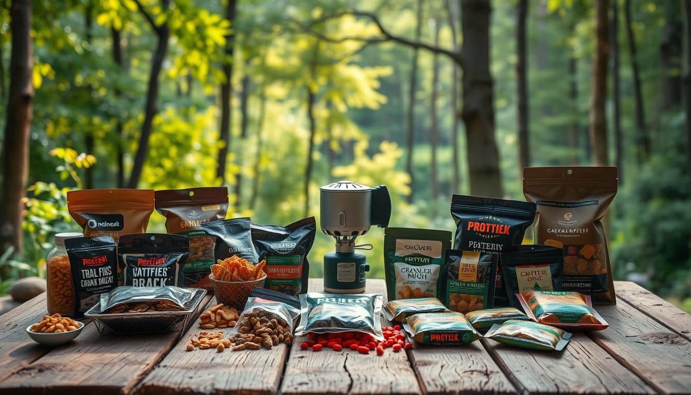 A rustic wooden table set with an assortment of high-protein, no-cook camping meals. In the foreground, an array of trail mix, jerky, granola bars, and protein-rich snacks are neatly arranged. In the middle ground, a compact camping stove and a small water bottle add to the outdoor adventure theme. The background features a lush, verdant forest landscape, with sunlight filtering through the trees, creating a warm, natural ambiance. The scene is captured with a wide-angle lens, showcasing the simplicity and convenience of these quick, nourishing meals for busy campers. A rustic wooden table set with an assortment of high-protein, no-cook camping meals. In the foreground, an array of trail mix, jerky, granola bars, and protein-rich snacks are neatly arranged. In the middle ground, a compact camping stove and a small water bottle add to the outdoor adventure theme. The background features a lush, verdant forest landscape, with sunlight filtering through the trees, creating a warm, natural ambiance. The scene is captured with a wide-angle lens, showcasing the simplicity and convenience of these quick, nourishing meals for busy campers.