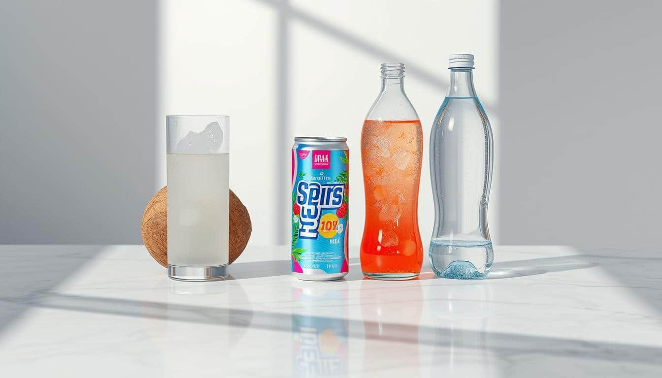A sleek, modern table top displaying an array of hydration beverages - a tall glass of refreshing coconut water, a colorful sports drink in a slim aluminum can, and a crystal-clear bottle of mineral water. The scene is bathed in soft, natural lighting that accentuates the vibrant colors and textures of the various liquids. The tabletop is made of smooth, polished marble, creating a high-end, sophisticated atmosphere. The beverages are arranged in a visually appealing manner, inviting the viewer to compare and contrast their unique properties. The overall composition is clean, balanced, and captures the essence of the "Beverage Comparison" section of the article. A sleek, modern table top displaying an array of hydration beverages - a tall glass of refreshing coconut water, a colorful sports drink in a slim aluminum can, and a crystal-clear bottle of mineral water. The scene is bathed in soft, natural lighting that accentuates the vibrant colors and textures of the various liquids. The tabletop is made of smooth, polished marble, creating a high-end, sophisticated atmosphere. The beverages are arranged in a visually appealing manner, inviting the viewer to compare and contrast their unique properties. The overall composition is clean, balanced, and captures the essence of the "Beverage Comparison" section of the article.