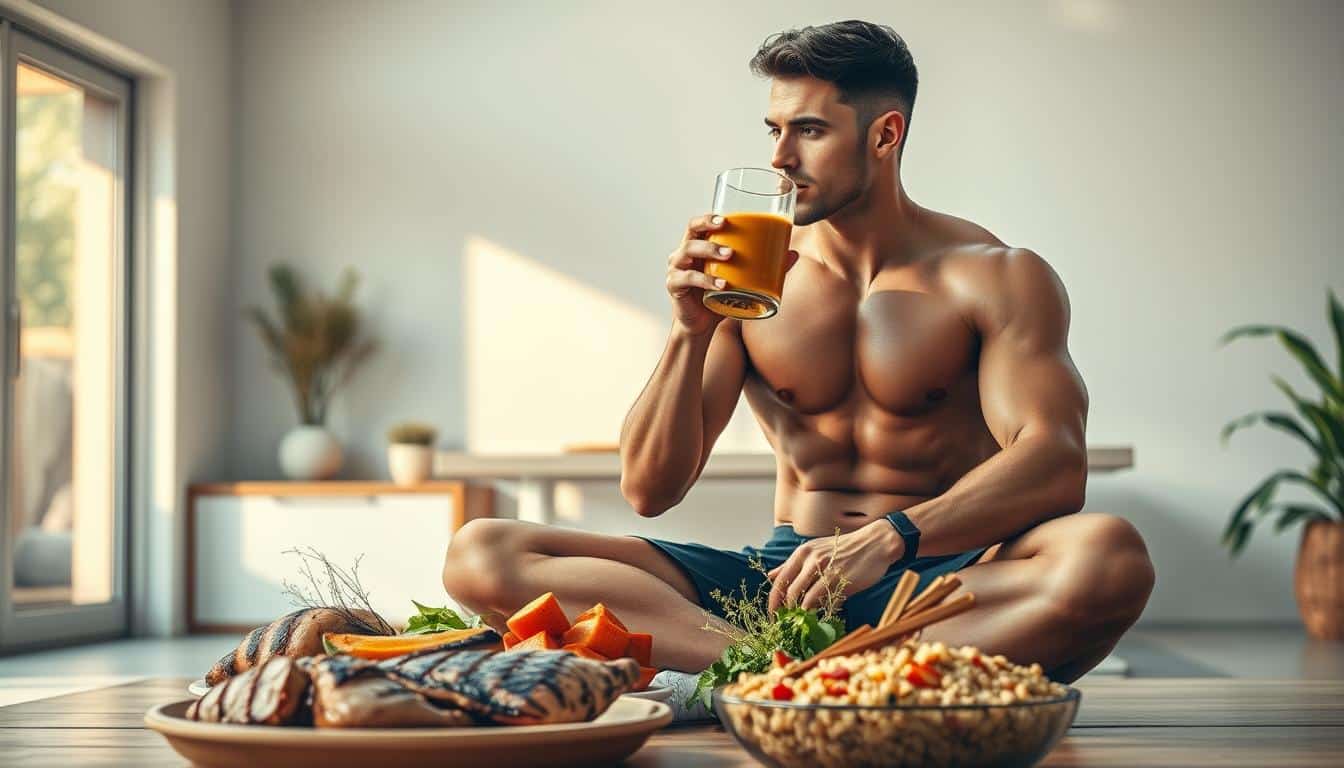 A vibrant and dynamic scene depicting the restorative benefits of protein-rich meals for athletes. In the foreground, a muscular athlete sits cross-legged, sipping from a glass filled with a nutrient-dense smoothie. Intricate details like beads of sweat and contoured musculature create a hyper-realistic portrayal. The middle ground showcases an array of wholesome, high-protein foods such as grilled chicken, roasted vegetables, and a hearty grain bowl. Soft, diffused lighting bathes the scene in a warm, golden glow, evoking a sense of rejuvenation and recovery. In the background, a minimalist yet serene setting, perhaps a sun-dappled outdoor space or a cozy, modern kitchen, provides a calming backdrop for this scene of athletic restoration. A vibrant and dynamic scene depicting the restorative benefits of protein-rich meals for athletes. In the foreground, a muscular athlete sits cross-legged, sipping from a glass filled with a nutrient-dense smoothie. Intricate details like beads of sweat and contoured musculature create a hyper-realistic portrayal. The middle ground showcases an array of wholesome, high-protein foods such as grilled chicken, roasted vegetables, and a hearty grain bowl. Soft, diffused lighting bathes the scene in a warm, golden glow, evoking a sense of rejuvenation and recovery. In the background, a minimalist yet serene setting, perhaps a sun-dappled outdoor space or a cozy, modern kitchen, provides a calming backdrop for this scene of athletic restoration.