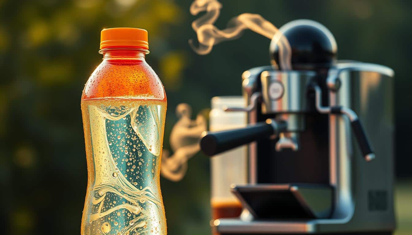 A vibrant and dynamic sports drink bottle, filled with a sparkling, translucent liquid, stands prominently in the foreground. Droplets of condensation cling to its surface, creating a refreshing, hydrating visual. In the middle ground, a sleek, chrome espresso machine emits a wisp of fragrant steam, symbolizing the invigorating power of caffeine. The background is a softly blurred, natural setting, with lush greenery and a warm, golden-hour lighting that casts a serene, athletic atmosphere. The composition is carefully balanced, inviting the viewer to ponder the intricate relationship between caffeine, hydration, and athletic performance. A vibrant and dynamic sports drink bottle, filled with a sparkling, translucent liquid, stands prominently in the foreground. Droplets of condensation cling to its surface, creating a refreshing, hydrating visual. In the middle ground, a sleek, chrome espresso machine emits a wisp of fragrant steam, symbolizing the invigorating power of caffeine. The background is a softly blurred, natural setting, with lush greenery and a warm, golden-hour lighting that casts a serene, athletic atmosphere. The composition is carefully balanced, inviting the viewer to ponder the intricate relationship between caffeine, hydration, and athletic performance.