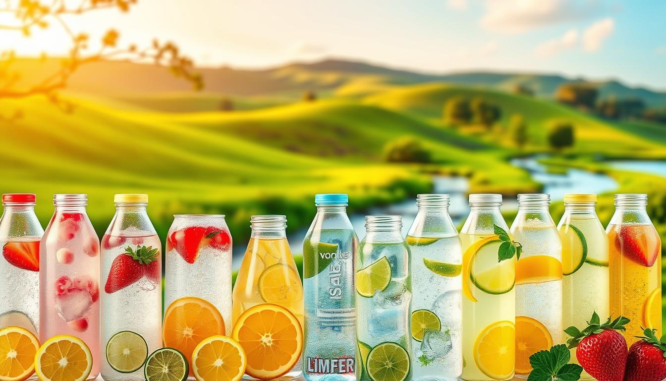 A vibrant display of various flavored water options against a serene natural backdrop. In the foreground, an array of glass bottles or cans filled with lemon, lime, strawberry, and other refreshing fruit-infused waters, arranged with careful symmetry. The middle ground features a lush, verdant landscape with rolling hills, swaying trees, and a tranquil stream reflecting the sky's soft hues. Warm, natural lighting bathes the scene, creating a sense of wellness and invigoration. The composition emphasizes the healthy, hydrating alternatives to sugary beverages, perfect for athletic performance and overall well-being. A vibrant display of various flavored water options against a serene natural backdrop. In the foreground, an array of glass bottles or cans filled with lemon, lime, strawberry, and other refreshing fruit-infused waters, arranged with careful symmetry. The middle ground features a lush, verdant landscape with rolling hills, swaying trees, and a tranquil stream reflecting the sky's soft hues. Warm, natural lighting bathes the scene, creating a sense of wellness and invigoration. The composition emphasizes the healthy, hydrating alternatives to sugary beverages, perfect for athletic performance and overall well-being.