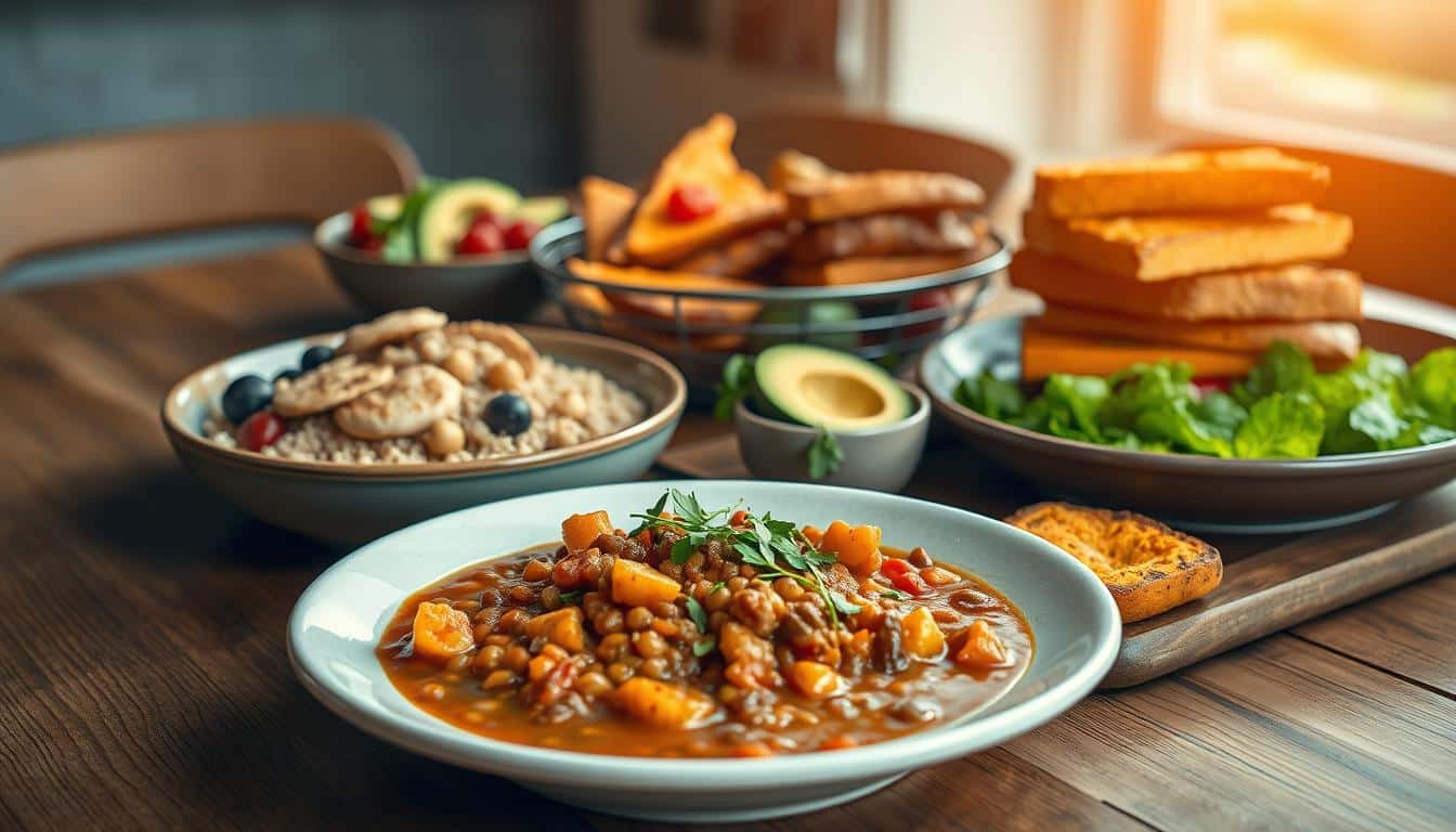 A vibrant, high-resolution photograph showcasing an assortment of affordable, protein-packed meals on a wooden table. In the foreground, a plate features a hearty bowl of lentil and vegetable stew, garnished with fresh herbs. Next to it, a crisp salad with grilled chicken, avocado, and roasted chickpeas. In the middle ground, a bowl of quinoa and mixed berries, and a stack of baked tofu and roasted sweet potato slices. The background is softly blurred, highlighting the delicious and nutritious dishes. Warm, natural lighting casts a cozy glow, creating an inviting and appetizing scene. A vibrant, high-resolution photograph showcasing an assortment of affordable, protein-packed meals on a wooden table. In the foreground, a plate features a hearty bowl of lentil and vegetable stew, garnished with fresh herbs. Next to it, a crisp salad with grilled chicken, avocado, and roasted chickpeas. In the middle ground, a bowl of quinoa and mixed berries, and a stack of baked tofu and roasted sweet potato slices. The background is softly blurred, highlighting the delicious and nutritious dishes. Warm, natural lighting casts a cozy glow, creating an inviting and appetizing scene.