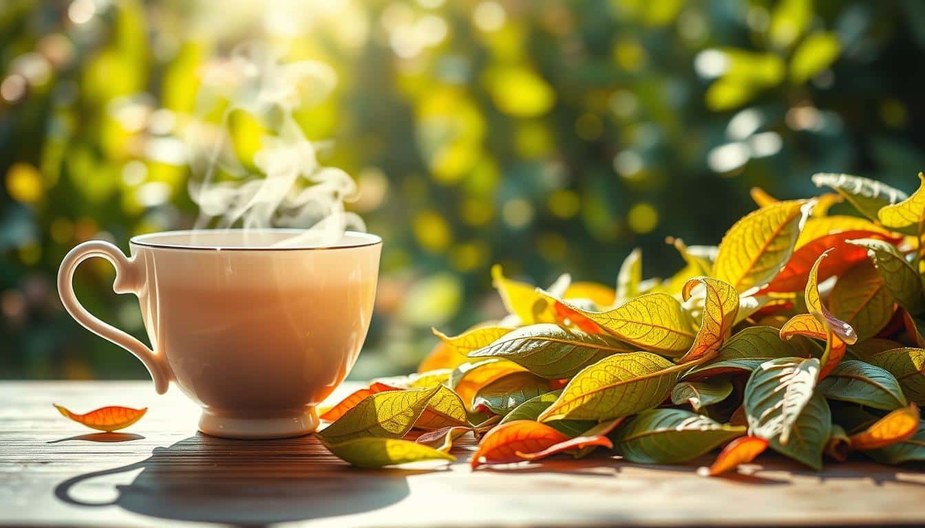 A vibrant, hyper-realistic photograph showcasing the health benefits of tea. In the foreground, a delicate porcelain teacup filled with steaming, aromatic tea, reflecting the warm light. The middle ground features an array of fresh, organic tea leaves, their intricate veins and vivid hues captured in stunning detail. In the background, a serene, sun-dappled garden setting, with lush greenery and a peaceful, calming atmosphere. The image conveys a sense of tranquility, wellness, and the restorative power of tea, emphasizing its role in hydration and muscle recovery. A vibrant, hyper-realistic photograph showcasing the health benefits of tea. In the foreground, a delicate porcelain teacup filled with steaming, aromatic tea, reflecting the warm light. The middle ground features an array of fresh, organic tea leaves, their intricate veins and vivid hues captured in stunning detail. In the background, a serene, sun-dappled garden setting, with lush greenery and a peaceful, calming atmosphere. The image conveys a sense of tranquility, wellness, and the restorative power of tea, emphasizing its role in hydration and muscle recovery.