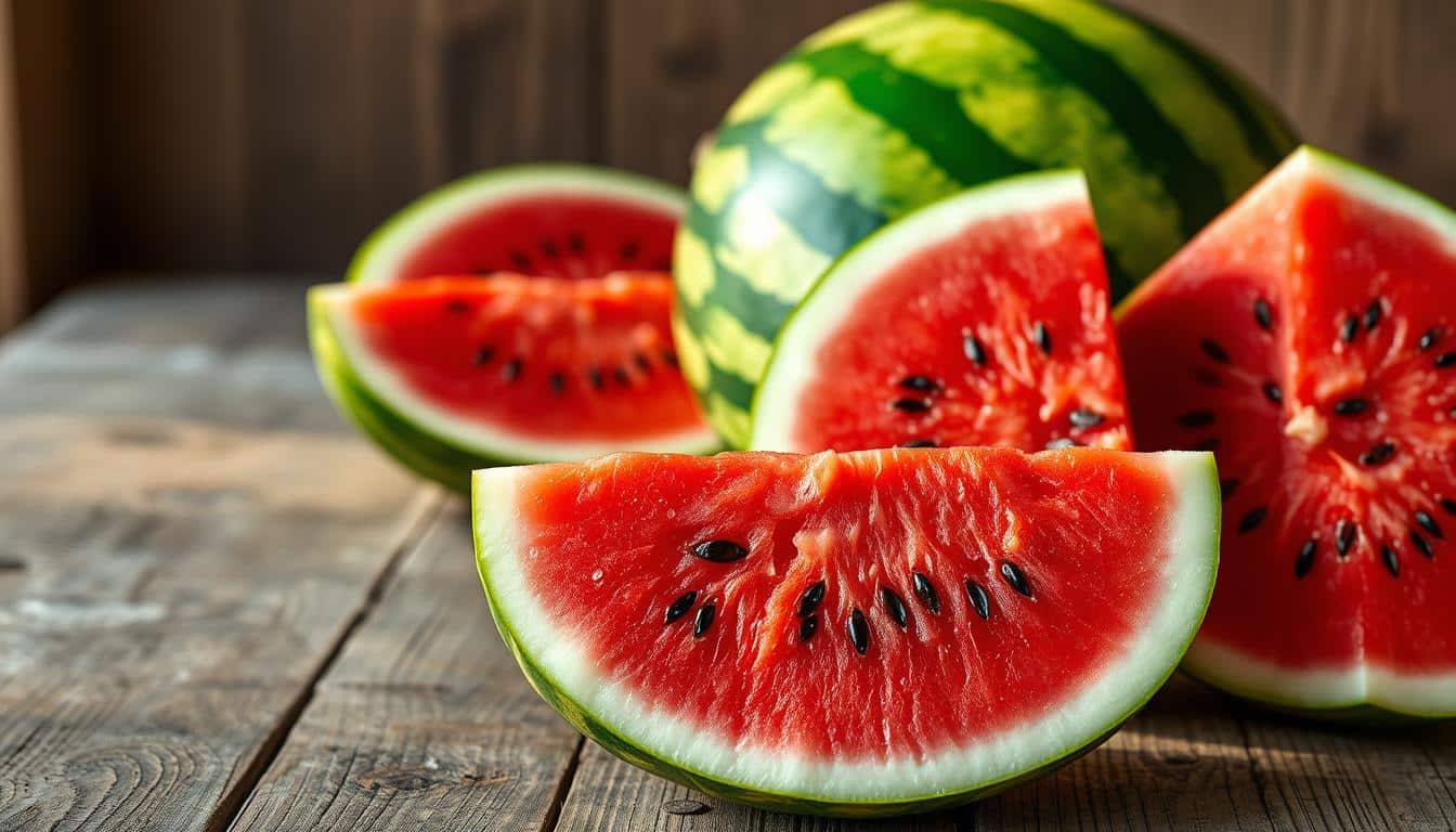 A vibrant, hyper-realistic still life image of freshly cut watermelon slices arranged on a rustic wooden table. The watermelon is ripe, with a deep red, juicy interior and glistening black seeds. The foreground showcases the cross-section of the watermelon, highlighting its intricate cellular structure and nutrient-rich composition. In the middle ground, additional slices are positioned to reveal the textural rind and lush green skin. Warm, natural lighting casts gentle shadows, accentuating the juicy, succulent qualities of the fruit. The overall scene conveys a sense of health, vitality, and the nutritional goodness of watermelon. A vibrant, hyper-realistic still life image of freshly cut watermelon slices arranged on a rustic wooden table. The watermelon is ripe, with a deep red, juicy interior and glistening black seeds. The foreground showcases the cross-section of the watermelon, highlighting its intricate cellular structure and nutrient-rich composition. In the middle ground, additional slices are positioned to reveal the textural rind and lush green skin. Warm, natural lighting casts gentle shadows, accentuating the juicy, succulent qualities of the fruit. The overall scene conveys a sense of health, vitality, and the nutritional goodness of watermelon.