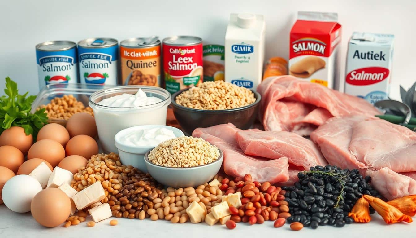 A vibrant still life capturing an array of affordable protein sources. In the foreground, a selection of eggs, tofu, lentils, and canned beans, arranged with care. The middle ground features lean cuts of chicken and pork, alongside a bowl of quinoa and a glass jar of Greek yogurt. In the background, a row of canned tuna and salmon cans, as well as a carton of low-fat milk, all set against a clean, minimalist backdrop. The lighting is soft and diffused, creating a warm, inviting atmosphere that emphasizes the natural colors and textures of the ingredients. The overall composition is balanced and visually appealing, conveying the idea of healthy, budget-friendly protein sources. A vibrant still life capturing an array of affordable protein sources. In the foreground, a selection of eggs, tofu, lentils, and canned beans, arranged with care. The middle ground features lean cuts of chicken and pork, alongside a bowl of quinoa and a glass jar of Greek yogurt. In the background, a row of canned tuna and salmon cans, as well as a carton of low-fat milk, all set against a clean, minimalist backdrop. The lighting is soft and diffused, creating a warm, inviting atmosphere that emphasizes the natural colors and textures of the ingredients. The overall composition is balanced and visually appealing, conveying the idea of healthy, budget-friendly protein sources.