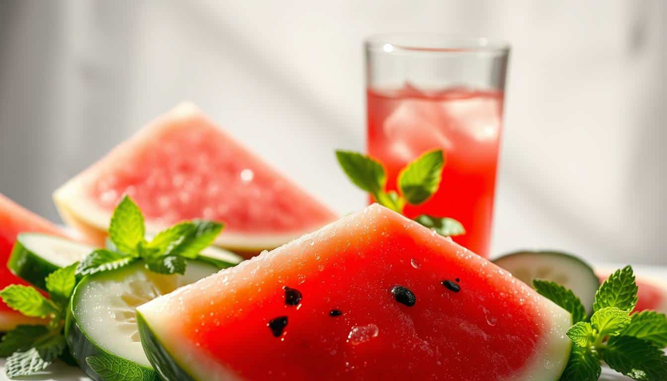 A vibrant, sun-drenched still life captures the essence of hydration benefits of watermelon. In the foreground, a ripe, juicy watermelon slice glistens with droplets of water, its luscious pink flesh and black seeds rendered in stunning detail. Surrounding the watermelon are slices of cucumber and sprigs of mint, adding a refreshing, verdant contrast. In the middle ground, a glass of chilled watermelon juice reflects the light, its translucent ruby hue highlighting the fruit's natural sweetness. The background features a soft, diffused lighting that creates a serene, calming atmosphere, emphasizing the rejuvenating properties of this hydrating, nutrient-dense superfood. A vibrant, sun-drenched still life captures the essence of hydration benefits of watermelon. In the foreground, a ripe, juicy watermelon slice glistens with droplets of water, its luscious pink flesh and black seeds rendered in stunning detail. Surrounding the watermelon are slices of cucumber and sprigs of mint, adding a refreshing, verdant contrast. In the middle ground, a glass of chilled watermelon juice reflects the light, its translucent ruby hue highlighting the fruit's natural sweetness. The background features a soft, diffused lighting that creates a serene, calming atmosphere, emphasizing the rejuvenating properties of this hydrating, nutrient-dense superfood.