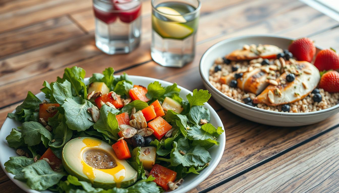 A visually appetizing midday meal laid out on a rustic wooden table, showcasing a variety of nutritious gluten-free ingredients. In the foreground, a fresh salad with vibrant greens, sliced avocado, and a drizzle of olive oil dressing. Alongside, a hearty quinoa bowl featuring roasted vegetables, grilled chicken breast, and a sprinkle of toasted almonds. In the background, a glass of infused water and a side of fresh berries. Soft, natural lighting illuminates the scene, highlighting the textures and colors of the carefully curated meal. The composition exudes a sense of balance, health, and culinary sophistication, perfectly embodying the introduction to a gluten-free high-protein lunch. A visually appetizing midday meal laid out on a rustic wooden table, showcasing a variety of nutritious gluten-free ingredients. In the foreground, a fresh salad with vibrant greens, sliced avocado, and a drizzle of olive oil dressing. Alongside, a hearty quinoa bowl featuring roasted vegetables, grilled chicken breast, and a sprinkle of toasted almonds. In the background, a glass of infused water and a side of fresh berries. Soft, natural lighting illuminates the scene, highlighting the textures and colors of the carefully curated meal. The composition exudes a sense of balance, health, and culinary sophistication, perfectly embodying the introduction to a gluten-free high-protein lunch.