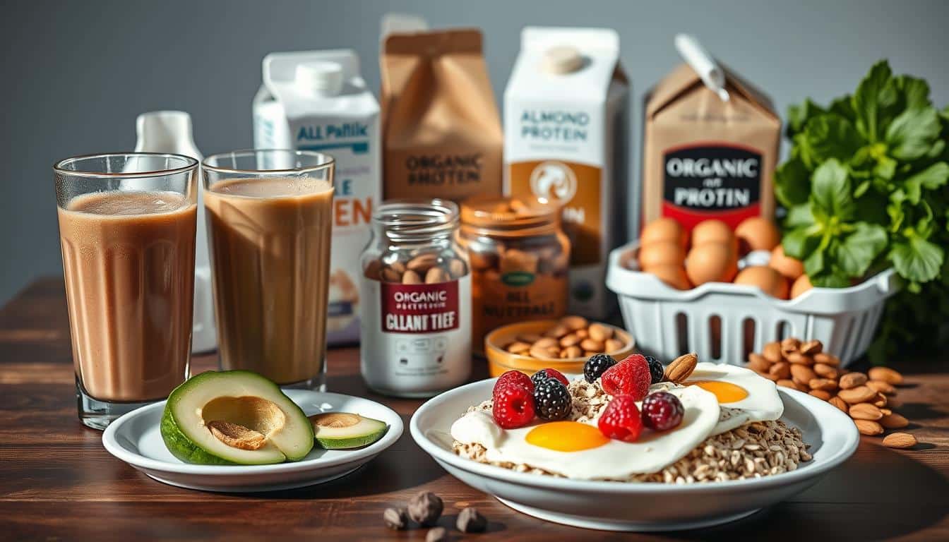 A well-lit, high-resolution photograph of an athlete's essential nutrition items arranged on a wooden table. In the foreground, a glass of fresh smoothie, a plate of scrambled eggs with avocado slices, and a bowl of steel-cut oats topped with berries. In the middle ground, a shaker bottle filled with protein powder, a jar of nut butter, and a handful of raw almonds. In the background, a carton of organic eggs, a carton of almond milk, and a bundle of leafy greens. The lighting is natural and soft, creating a warm, inviting atmosphere that highlights the vibrant colors and textures of the ingredients. The overall composition emphasizes the importance of a balanced, high-protein diet for athletic performance and recovery. A well-lit, high-resolution photograph of an athlete's essential nutrition items arranged on a wooden table. In the foreground, a glass of fresh smoothie, a plate of scrambled eggs with avocado slices, and a bowl of steel-cut oats topped with berries. In the middle ground, a shaker bottle filled with protein powder, a jar of nut butter, and a handful of raw almonds. In the background, a carton of organic eggs, a carton of almond milk, and a bundle of leafy greens. The lighting is natural and soft, creating a warm, inviting atmosphere that highlights the vibrant colors and textures of the ingredients. The overall composition emphasizes the importance of a balanced, high-protein diet for athletic performance and recovery.