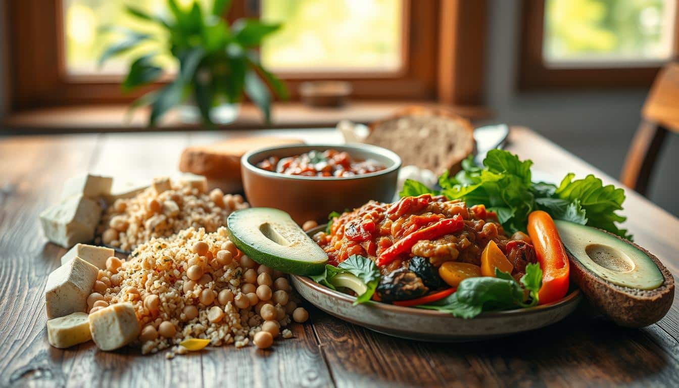 High-protein vegetarian lunch on a wooden table, with various fresh ingredients in the foreground, including tofu, quinoa, chickpeas, avocado, and roasted vegetables. The middle ground features a bowl of hearty lentil stew and a slice of whole-grain bread. In the background, a window lets in natural light, casting a warm, inviting glow over the scene. The image is shot with a shallow depth of field, emphasizing the textures and colors of the fresh, nutritious meal. The overall mood is one of simplicity, nourishment, and mindfulness. High-protein vegetarian lunch on a wooden table, with various fresh ingredients in the foreground, including tofu, quinoa, chickpeas, avocado, and roasted vegetables. The middle ground features a bowl of hearty lentil stew and a slice of whole-grain bread. In the background, a window lets in natural light, casting a warm, inviting glow over the scene. The image is shot with a shallow depth of field, emphasizing the textures and colors of the fresh, nutritious meal. The overall mood is one of simplicity, nourishment, and mindfulness.