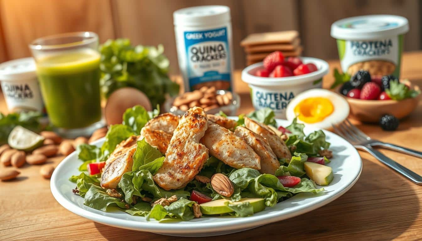 Vibrant still life featuring an assortment of protein-rich foods arranged on a wooden table. In the foreground, a plate showcases a hearty salad with leafy greens, grilled chicken, avocado slices, and a drizzle of vinaigrette. In the middle ground, a bowl of roasted almonds, a glass of fresh vegetable juice, and a hard-boiled egg with a golden yolk. The background features a stack of quinoa crackers, a container of Greek yogurt, and a handful of mixed berries. Warm, natural lighting filters through the scene, highlighting the rich textures and vibrant colors of the nutritious ingredients. A serene, inviting atmosphere evokes the benefits of a protein-packed, gluten-free midday meal. Vibrant still life featuring an assortment of protein-rich foods arranged on a wooden table. In the foreground, a plate showcases a hearty salad with leafy greens, grilled chicken, avocado slices, and a drizzle of vinaigrette. In the middle ground, a bowl of roasted almonds, a glass of fresh vegetable juice, and a hard-boiled egg with a golden yolk. The background features a stack of quinoa crackers, a container of Greek yogurt, and a handful of mixed berries. Warm, natural lighting filters through the scene, highlighting the rich textures and vibrant colors of the nutritious ingredients. A serene, inviting atmosphere evokes the benefits of a protein-packed, gluten-free midday meal.