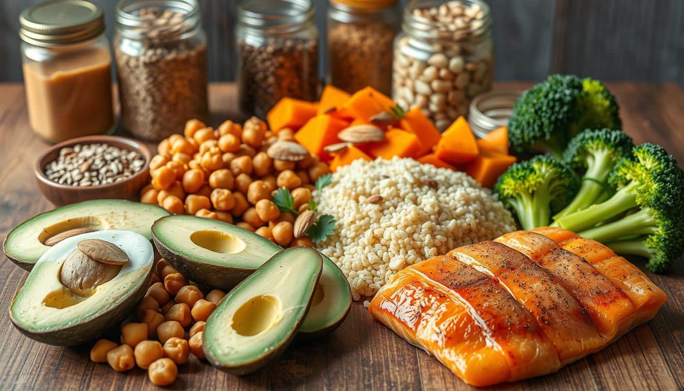 a high-quality, hyper-realistic photograph of a wooden table with various protein bowl ingredients artfully arranged on it. in the foreground, there are sliced avocado, boiled eggs, roasted chickpeas, and grilled salmon filets. in the middle ground, there are quinoa, roasted sweet potato cubes, and steamed broccoli florets. in the background, there are jars of almond butter, chia seeds, and sliced almonds. the lighting is soft and natural, creating a warm, inviting atmosphere. the image is captured with a high-resolution camera lens, showcasing the intricate textures and vibrant colors of the ingredients. the overall composition is visually appealing and emphasizes the key components of a well-balanced protein-rich meal. a high-quality, hyper-realistic photograph of a wooden table with various protein bowl ingredients artfully arranged on it. in the foreground, there are sliced avocado, boiled eggs, roasted chickpeas, and grilled salmon filets. in the middle ground, there are quinoa, roasted sweet potato cubes, and steamed broccoli florets. in the background, there are jars of almond butter, chia seeds, and sliced almonds. the lighting is soft and natural, creating a warm, inviting atmosphere. the image is captured with a high-resolution camera lens, showcasing the intricate textures and vibrant colors of the ingredients. the overall composition is visually appealing and emphasizes the key components of a well-balanced protein-rich meal.
