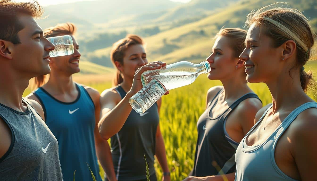 a hyper-realistic photo of a group of athletes standing in a lush, green meadow, hydrating with clear, sparkling water from a glass bottle. The athletes' faces are glowing with health and vitality, showcasing the benefits of proper hydration. The lighting is soft and natural, casting a warm, golden glow across the scene. The camera angle is slightly elevated, providing a panoramic view of the athletes and the breathtaking landscape in the background. The overall atmosphere is one of tranquility, rejuvenation, and the importance of maintaining optimal hydration levels for peak athletic performance. a hyper-realistic photo of a group of athletes standing in a lush, green meadow, hydrating with clear, sparkling water from a glass bottle. The athletes' faces are glowing with health and vitality, showcasing the benefits of proper hydration. The lighting is soft and natural, casting a warm, golden glow across the scene. The camera angle is slightly elevated, providing a panoramic view of the athletes and the breathtaking landscape in the background. The overall atmosphere is one of tranquility, rejuvenation, and the importance of maintaining optimal hydration levels for peak athletic performance.