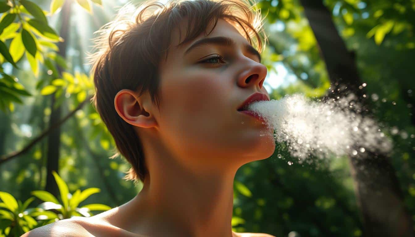 a photorealistic image of a healthy, glowing person with vibrant skin, taking a deep, refreshing breath of water vapor, surrounded by a lush, verdant forest scene with sunbeams filtering through the leaves, creating a serene, tranquil atmosphere that emphasizes the rejuvenating, life-giving properties of hydration and its positive impact on the human body a photorealistic image of a healthy, glowing person with vibrant skin, taking a deep, refreshing breath of water vapor, surrounded by a lush, verdant forest scene with sunbeams filtering through the leaves, creating a serene, tranquil atmosphere that emphasizes the rejuvenating, life-giving properties of hydration and its positive impact on the human body