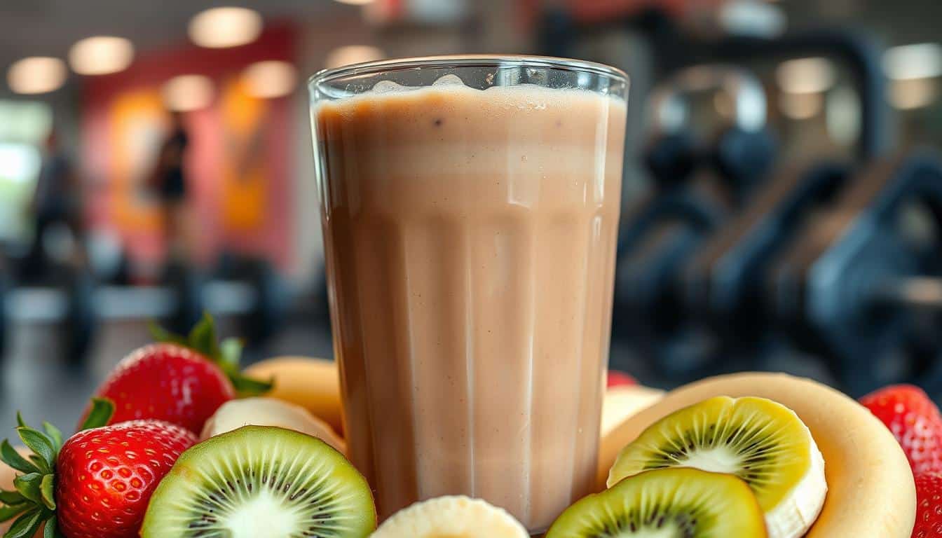 A close-up, high-resolution photograph of a glass filled with a creamy, chocolate-colored liquid, condensation beading on the outside. The liquid is surrounded by an assortment of fresh fruit, such as sliced bananas, strawberries, and kiwi, arranged in a visually appealing manner. In the background, a blurred, out-of-focus gym setting with weights and fitness equipment can be seen, suggesting the context of post-workout recovery. The lighting is soft and natural, highlighting the vibrant colors and textures of the ingredients. The overall composition and styling convey a sense of nourishment, hydration, and replenishment, perfectly encapsulating the "hydration and protein recovery" theme. A close-up, high-resolution photograph of a glass filled with a creamy, chocolate-colored liquid, condensation beading on the outside. The liquid is surrounded by an assortment of fresh fruit, such as sliced bananas, strawberries, and kiwi, arranged in a visually appealing manner. In the background, a blurred, out-of-focus gym setting with weights and fitness equipment can be seen, suggesting the context of post-workout recovery. The lighting is soft and natural, highlighting the vibrant colors and textures of the ingredients. The overall composition and styling convey a sense of nourishment, hydration, and replenishment, perfectly encapsulating the "hydration and protein recovery" theme.