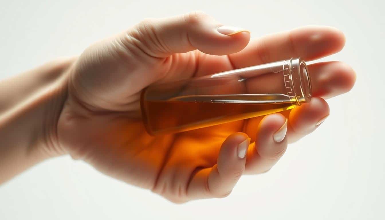 A close-up photograph of a person's hand holding a urine sample container filled with dark yellow, concentrated urine against a clean, white background. The image is shot with a high-resolution camera and professional lighting, capturing the intricate details and color variations of the urine. The background is evenly lit, creating a sense of clarity and focus on the urine sample. The image conveys a medical or scientific mood, highlighting the visual cues associated with dehydration symptoms. A close-up photograph of a person's hand holding a urine sample container filled with dark yellow, concentrated urine against a clean, white background. The image is shot with a high-resolution camera and professional lighting, capturing the intricate details and color variations of the urine. The background is evenly lit, creating a sense of clarity and focus on the urine sample. The image conveys a medical or scientific mood, highlighting the visual cues associated with dehydration symptoms.