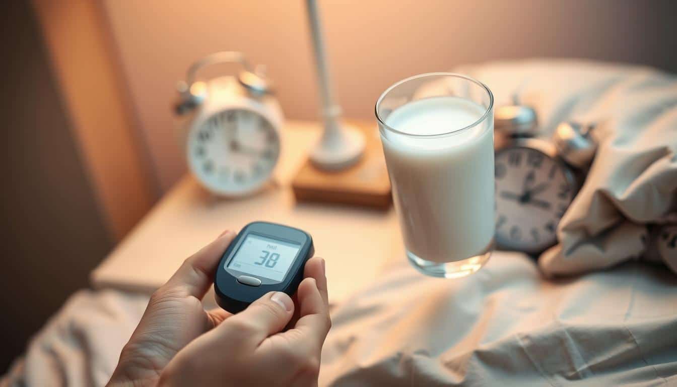 A close-up photograph of two hands holding a blood glucose meter and a glass of milk, set against a softly blurred background of a bedside table with a digital alarm clock. The lighting is warm and cozy, casting a gentle glow on the scene. The meter's display shows a reading, suggesting the connection between blood sugar levels and sleep. The composition emphasizes the simplicity and intimacy of the moment, inviting the viewer to consider the potential benefits of a light bedtime snack for recovery. A close-up photograph of two hands holding a blood glucose meter and a glass of milk, set against a softly blurred background of a bedside table with a digital alarm clock. The lighting is warm and cozy, casting a gentle glow on the scene. The meter's display shows a reading, suggesting the connection between blood sugar levels and sleep. The composition emphasizes the simplicity and intimacy of the moment, inviting the viewer to consider the potential benefits of a light bedtime snack for recovery.