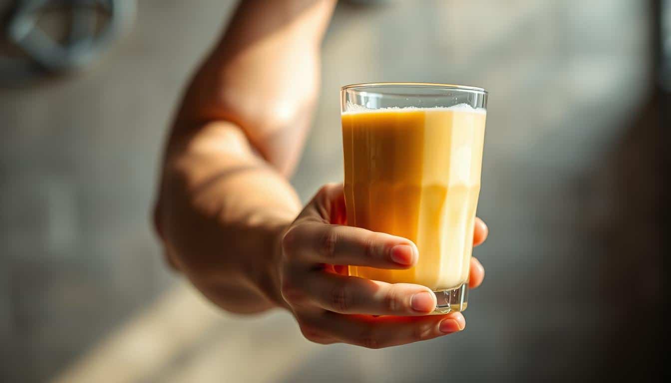 A close-up shot of a muscular arm holding a glass filled with a thick, creamy protein shake. The lighting is soft and natural, casting a warm glow on the scene. The foreground focuses on the glass and the hand holding it, showcasing the vibrant orange-yellow hue of the protein shake. In the middle ground, the contours of the well-defined bicep are visible, highlighting the importance of muscle recovery after a strenuous workout. The background is blurred, creating a sense of depth and emphasizing the primary subject. The overall atmosphere is one of health, fitness, and the vital role of proper nutrition in supporting muscle recovery and performance. A close-up shot of a muscular arm holding a glass filled with a thick, creamy protein shake. The lighting is soft and natural, casting a warm glow on the scene. The foreground focuses on the glass and the hand holding it, showcasing the vibrant orange-yellow hue of the protein shake. In the middle ground, the contours of the well-defined bicep are visible, highlighting the importance of muscle recovery after a strenuous workout. The background is blurred, creating a sense of depth and emphasizing the primary subject. The overall atmosphere is one of health, fitness, and the vital role of proper nutrition in supporting muscle recovery and performance.