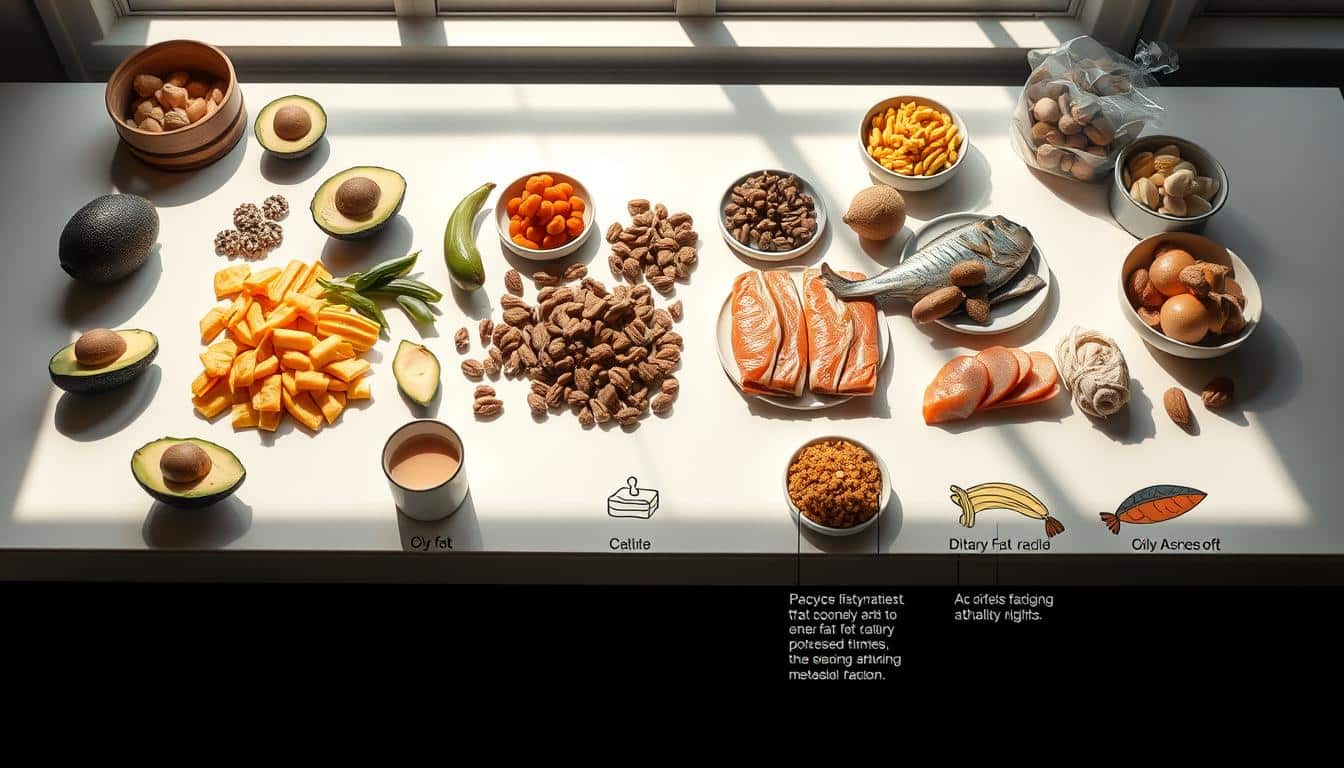 A crisp, high-resolution photograph depicting a detailed explication of common "diet myths" surrounding the relationship between dietary fat and physical performance. The scene features a neatly organized array of diverse food items - healthy fats like avocados, nuts, and oily fish juxtaposed against sugary, processed snacks - arranged on a sleek, minimalist tabletop. Soft, natural lighting bathes the scene, casting long shadows and highlighting the textures and colors of the foods. In the foreground, a series of concise, infographic-style illustrations accompanied by brief, explanatory captions debunk the notion that dietary fat inherently impairs athletic ability or metabolic function. The overall tone is one of scientific clarity and evidence-based nutritional guidance. A crisp, high-resolution photograph depicting a detailed explication of common "diet myths" surrounding the relationship between dietary fat and physical performance. The scene features a neatly organized array of diverse food items - healthy fats like avocados, nuts, and oily fish juxtaposed against sugary, processed snacks - arranged on a sleek, minimalist tabletop. Soft, natural lighting bathes the scene, casting long shadows and highlighting the textures and colors of the foods. In the foreground, a series of concise, infographic-style illustrations accompanied by brief, explanatory captions debunk the notion that dietary fat inherently impairs athletic ability or metabolic function. The overall tone is one of scientific clarity and evidence-based nutritional guidance.