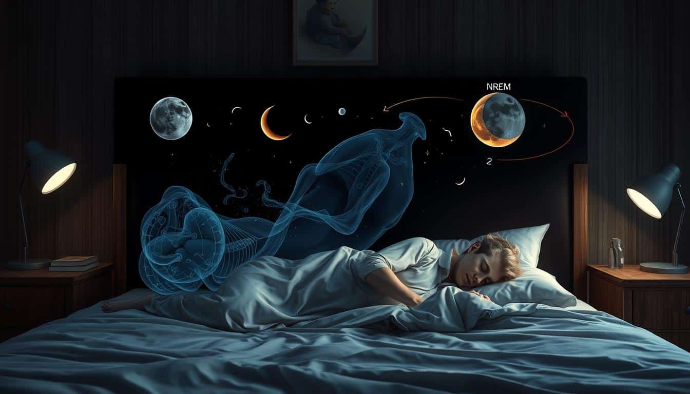 A detailed and scientifically accurate illustration of the distinct stages of the sleep cycle, including rapid eye movement (REM) and non-rapid eye movement (NREM) sleep. The image should feature a serene, dimly lit bedroom scene with a sleeping figure surrounded by abstract visual representations of the different sleep stages. Employ a photorealistic style with crisp textures, subtle lighting, and a sense of depth to convey the complexity and importance of this physiological process. Ensure the final image aligns with the subject and section title, emphasizing the role of sleep in muscle recovery. A detailed and scientifically accurate illustration of the distinct stages of the sleep cycle, including rapid eye movement (REM) and non-rapid eye movement (NREM) sleep. The image should feature a serene, dimly lit bedroom scene with a sleeping figure surrounded by abstract visual representations of the different sleep stages. Employ a photorealistic style with crisp textures, subtle lighting, and a sense of depth to convey the complexity and importance of this physiological process. Ensure the final image aligns with the subject and section title, emphasizing the role of sleep in muscle recovery.