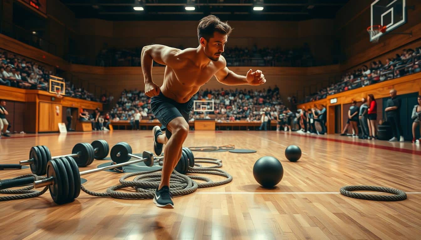 A dynamic, high-energy scene of explosive sports action unfolding in a well-lit arena. In the foreground, an athlete sprints powerfully, muscles rippling as they push their body to the limit. The middle ground features a variety of explosive sports equipment – barbells, medicine balls, battle ropes – scattered across the court's polished wooden floor. In the background, glimpses of spectators and team members capture the electrifying atmosphere of the event. Crisp, cinematic lighting bathes the scene in a warm, natural glow, highlighting the sheer athleticism and determination of the performer. The overall composition conveys the raw, unbridled power and energy inherent in explosive sports. A dynamic, high-energy scene of explosive sports action unfolding in a well-lit arena. In the foreground, an athlete sprints powerfully, muscles rippling as they push their body to the limit. The middle ground features a variety of explosive sports equipment – barbells, medicine balls, battle ropes – scattered across the court's polished wooden floor. In the background, glimpses of spectators and team members capture the electrifying atmosphere of the event. Crisp, cinematic lighting bathes the scene in a warm, natural glow, highlighting the sheer athleticism and determination of the performer. The overall composition conveys the raw, unbridled power and energy inherent in explosive sports.