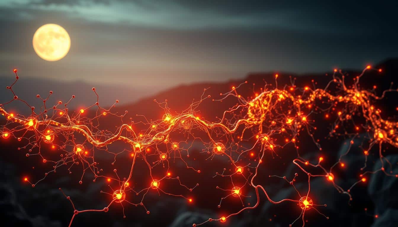 A highly detailed, photorealistic image of the intricate mechanisms of circadian rhythm and metabolism. The foreground depicts the intricate dance of hormones, enzymes, and neural pathways that govern the body's 24-hour cycles, with glowing nodes and pulsing lines of energy. The middle ground showcases the complex interplay between nutrient absorption, energy production, and waste management, rendered in vibrant hues and sharp contrasts. The background features a serene, moonlit landscape, hinting at the profound influence of environmental cues on the body's internal rhythms. Soft, diffused lighting bathes the entire scene, creating a sense of depth and atmosphere. Captured with a high-resolution camera lens, this image offers a captivating and informative visualization of the intimate relationship between circadian rhythm and metabolism. A highly detailed, photorealistic image of the intricate mechanisms of circadian rhythm and metabolism. The foreground depicts the intricate dance of hormones, enzymes, and neural pathways that govern the body's 24-hour cycles, with glowing nodes and pulsing lines of energy. The middle ground showcases the complex interplay between nutrient absorption, energy production, and waste management, rendered in vibrant hues and sharp contrasts. The background features a serene, moonlit landscape, hinting at the profound influence of environmental cues on the body's internal rhythms. Soft, diffused lighting bathes the entire scene, creating a sense of depth and atmosphere. Captured with a high-resolution camera lens, this image offers a captivating and informative visualization of the intimate relationship between circadian rhythm and metabolism.